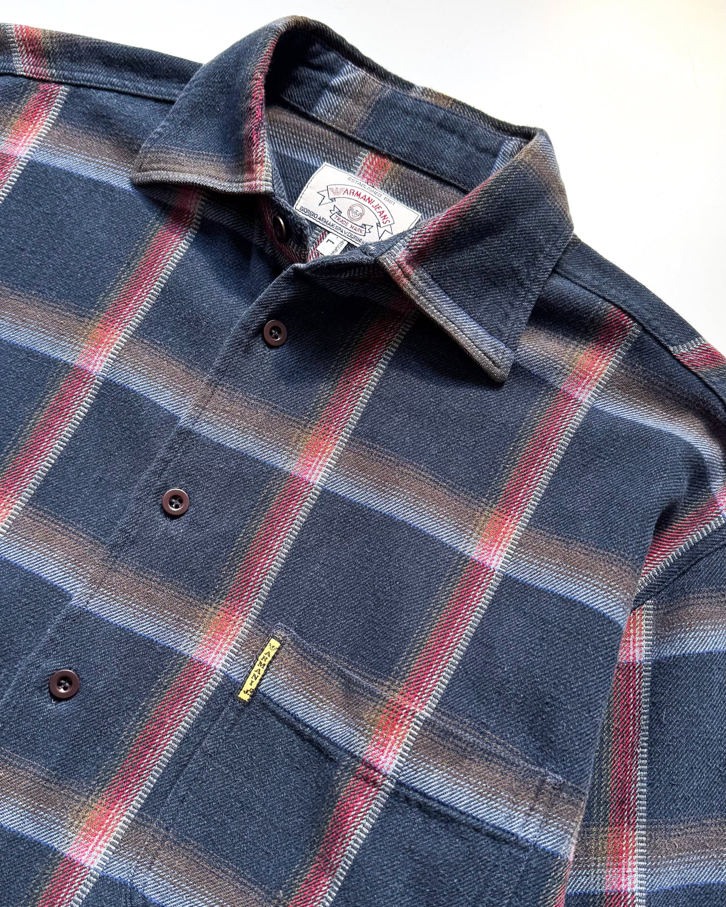 90s Woven Navy Woven Shadow Plaid Style Flannel /  Overshirt Shirt  (~L~)