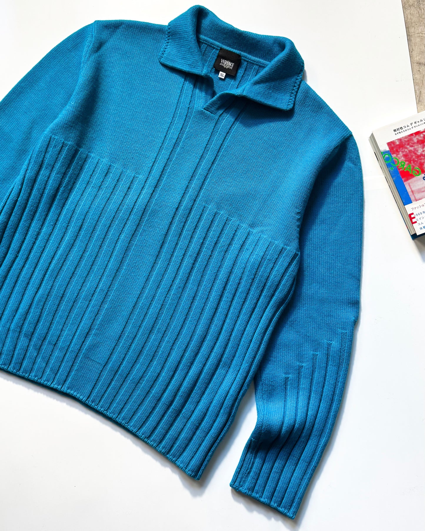 Early 2000s Vivid Blue Collared Chunky Ribbed Knit Jumper (~L~)