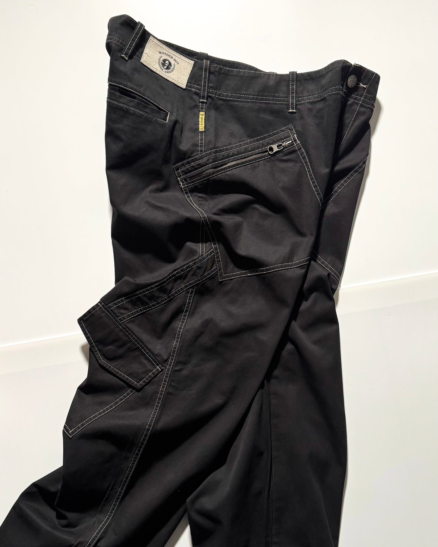 Early 2000s  Black Asymmetrical Wrap Around Pocket Panelled  Cargo Trousers  (36~38)