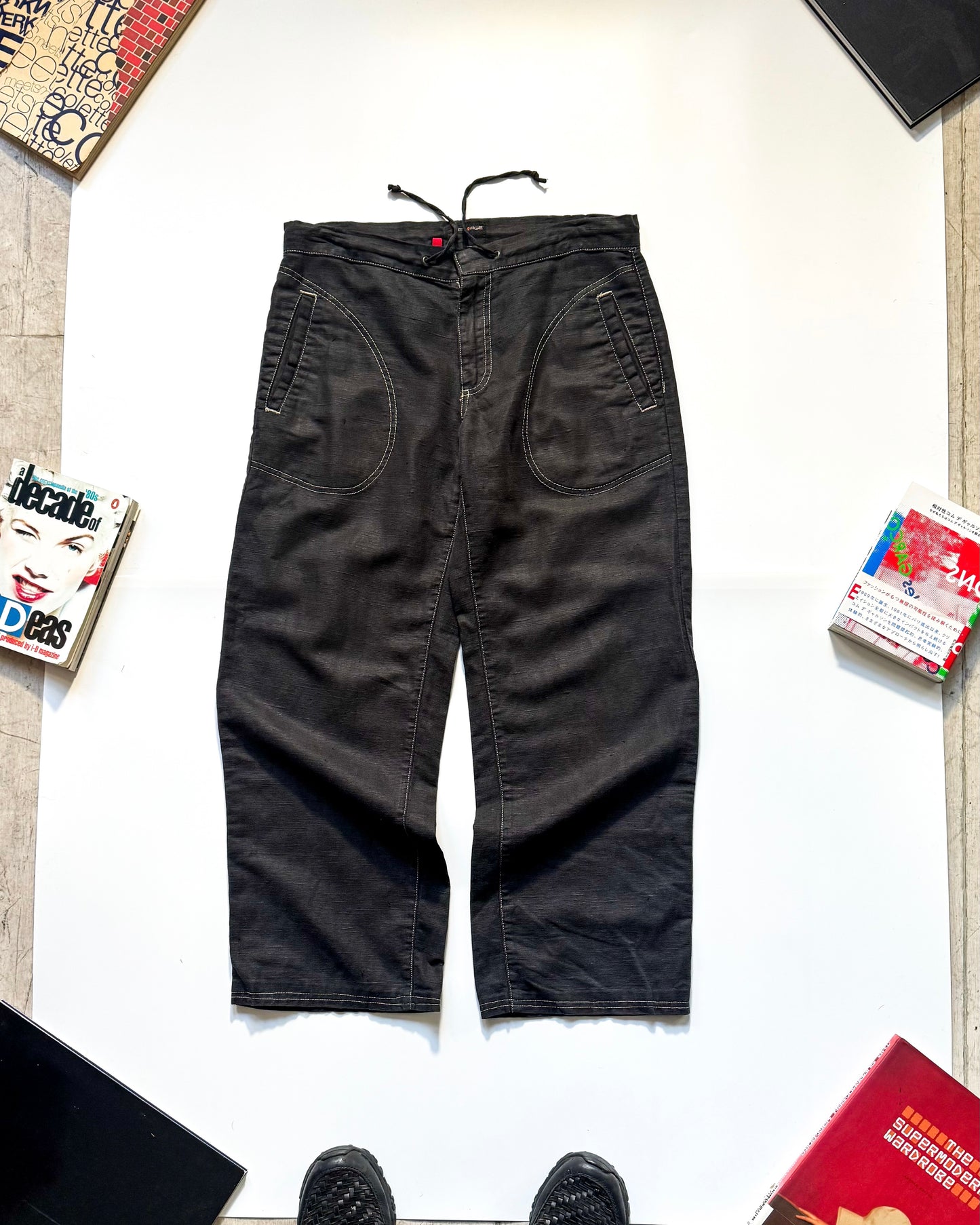 2000s Traced Pocket Contrast Stitch Linen Cotton Poly Washed Black Trousers  (28~30)