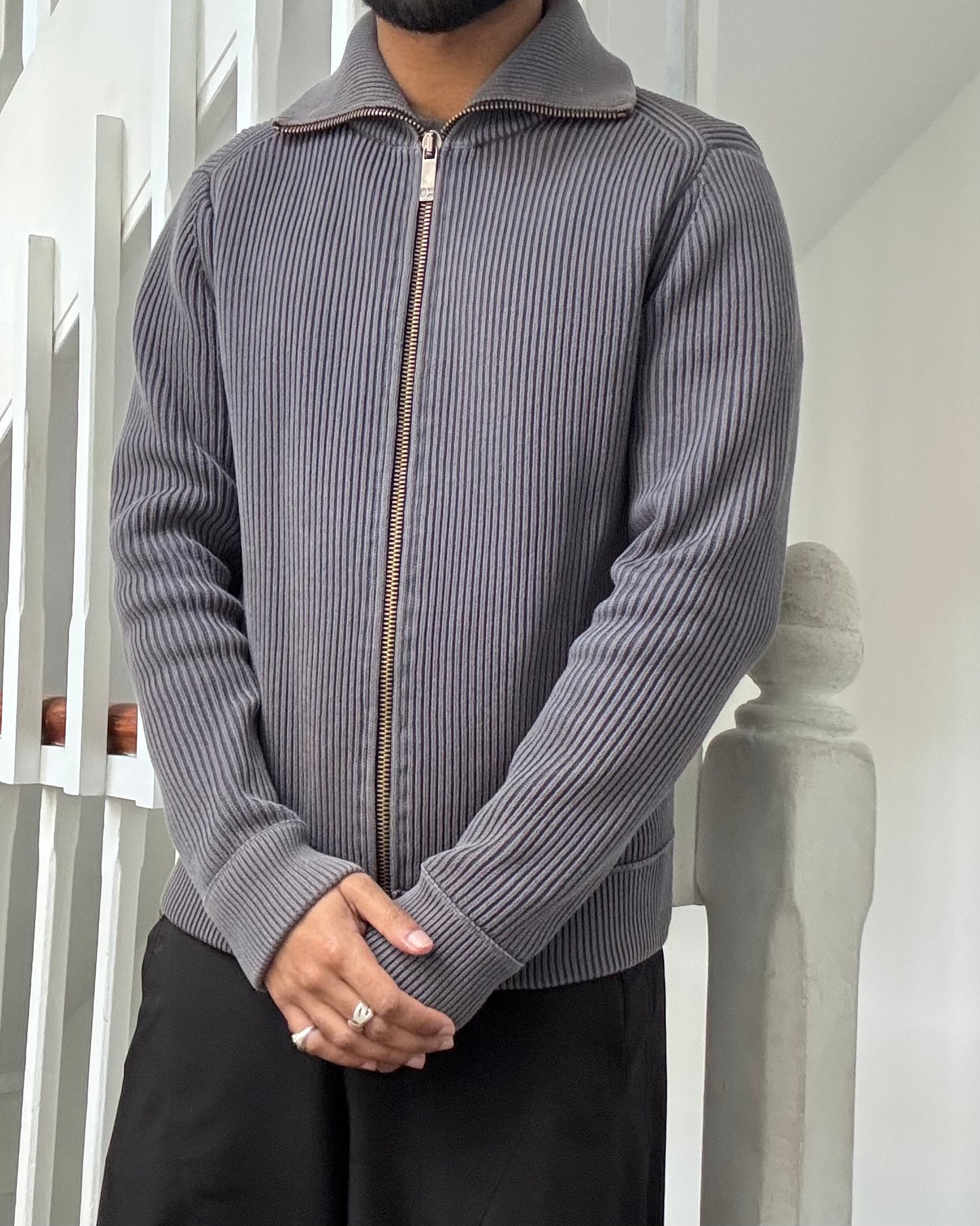 2000s Grey Thick Ribbed Knit Zip Up Jumper (~ S~)