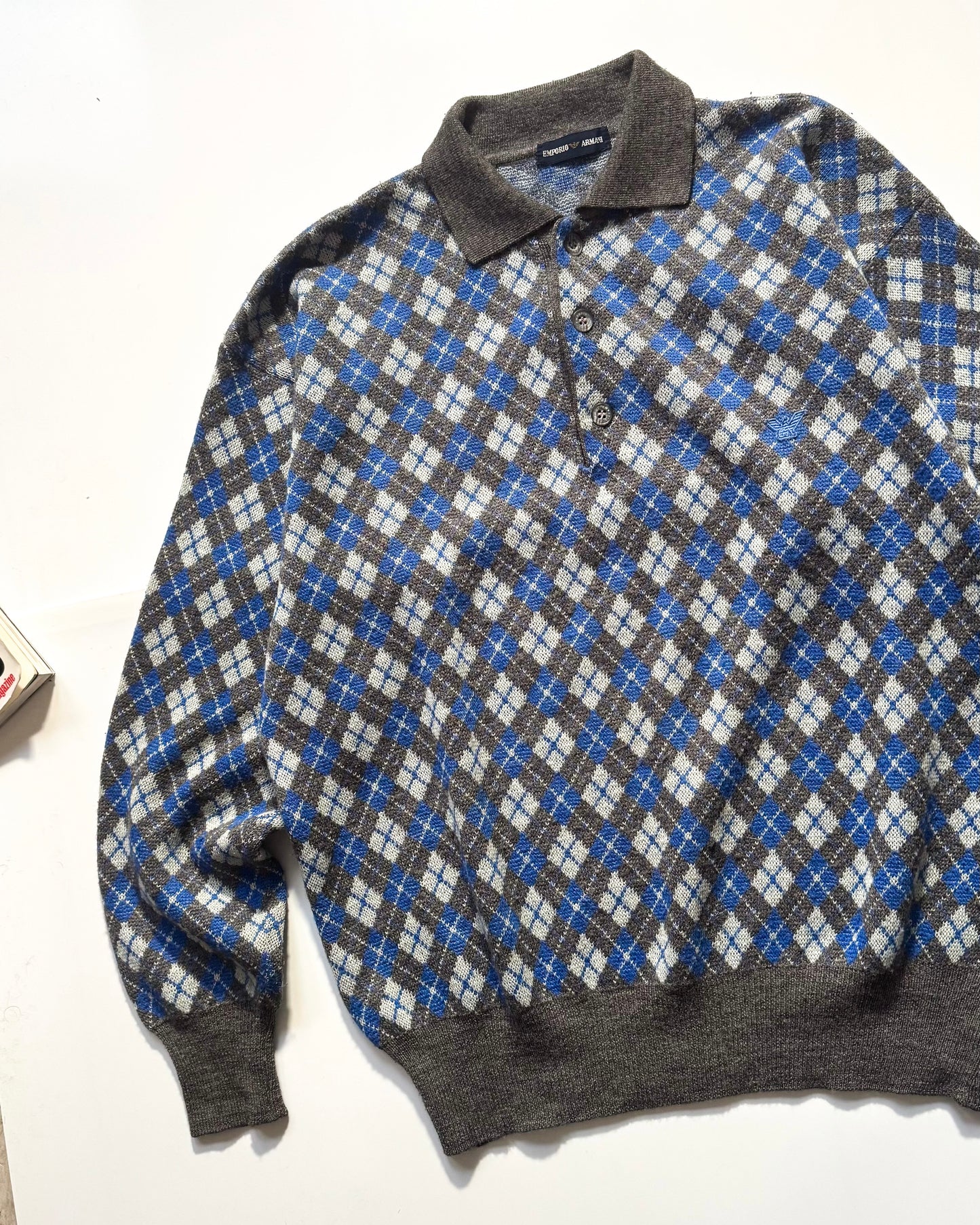 90s Blue / Grey Argyle Pattern Quarter Button Collared Knit Jumper (M~L)