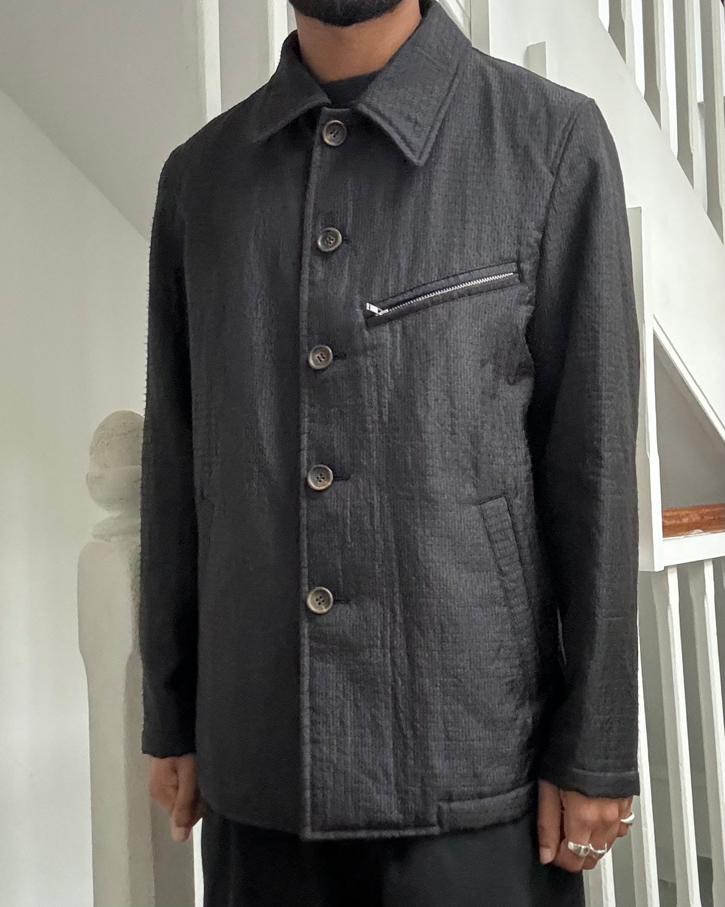 2002 Homme Textured Needle Punch Style Tonal Black Work Jacket (~M~)