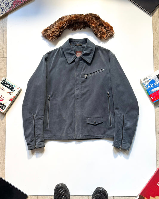 2000s Cold Grey Moleskine  Asymmetrical Detachable Fleece Collar Moto Jacket (~M~)