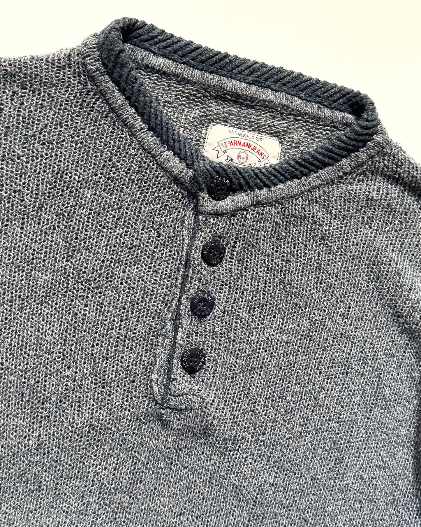 90s Washed Blue Henley Loose Gauge Knit Jumper (~XL ~ )