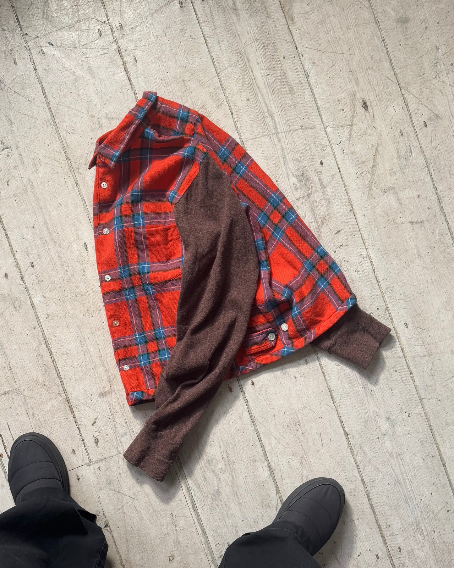 90s Red Plaid Contrast Body Wool Over Shirt  (S~M)