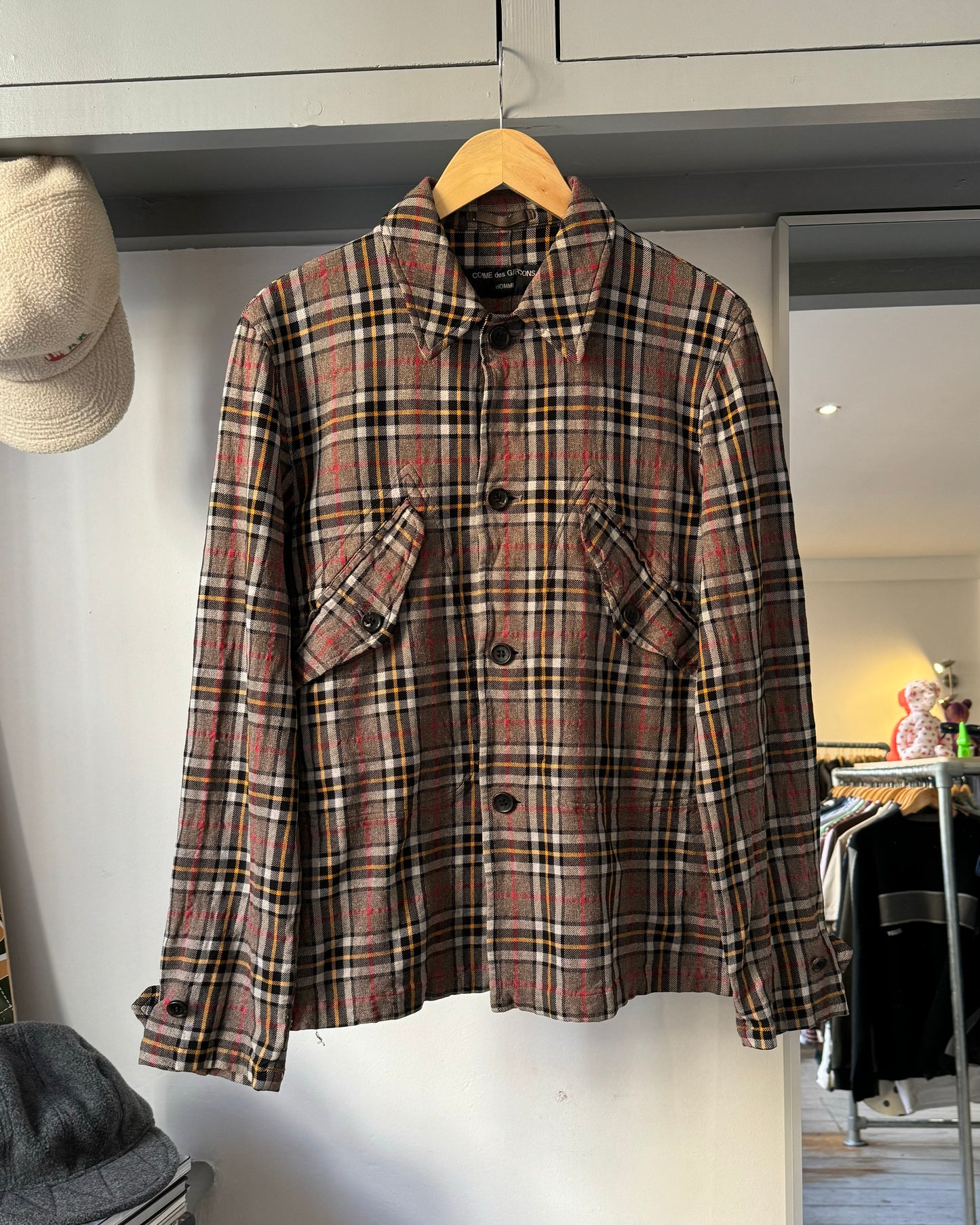 2004 Crinkled Brown Red Black Plaid Work Jacket (S~M)