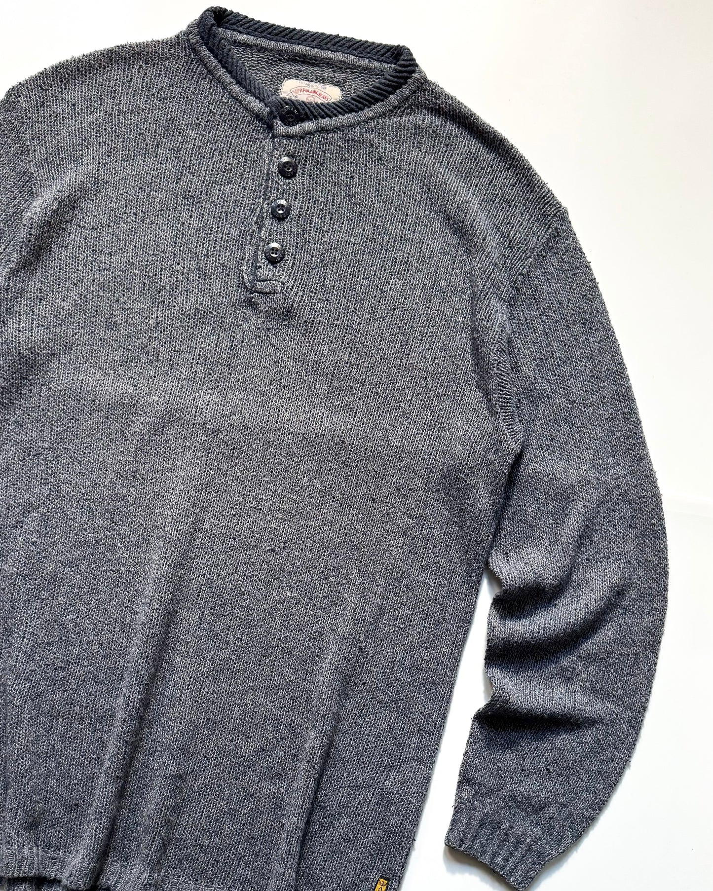 90s Washed Blue Henley Loose Gauge Knit Jumper (~XL ~ )