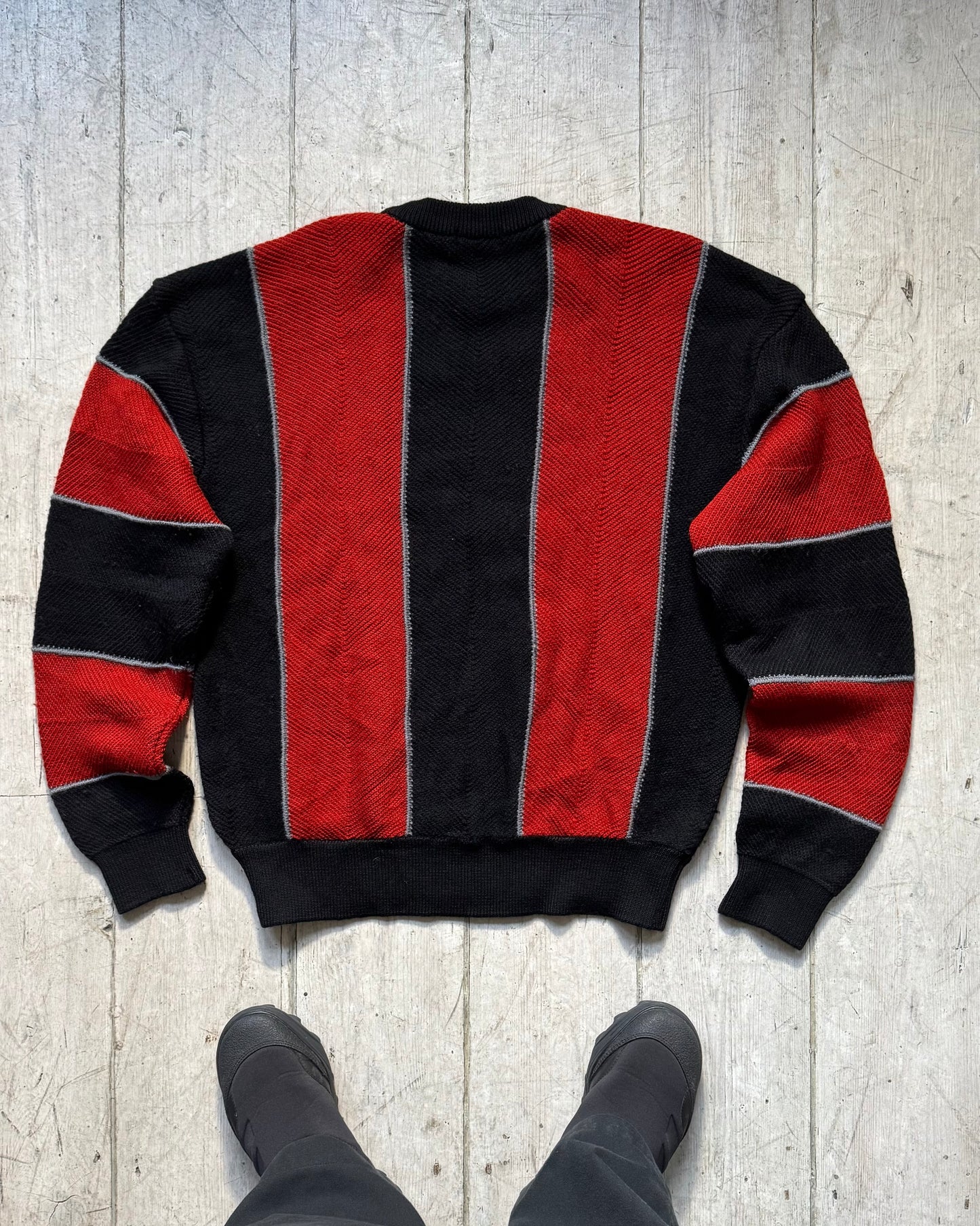 80s Red Black Vertical Oversized Striped Knit Sweater / Jumper (~L~)