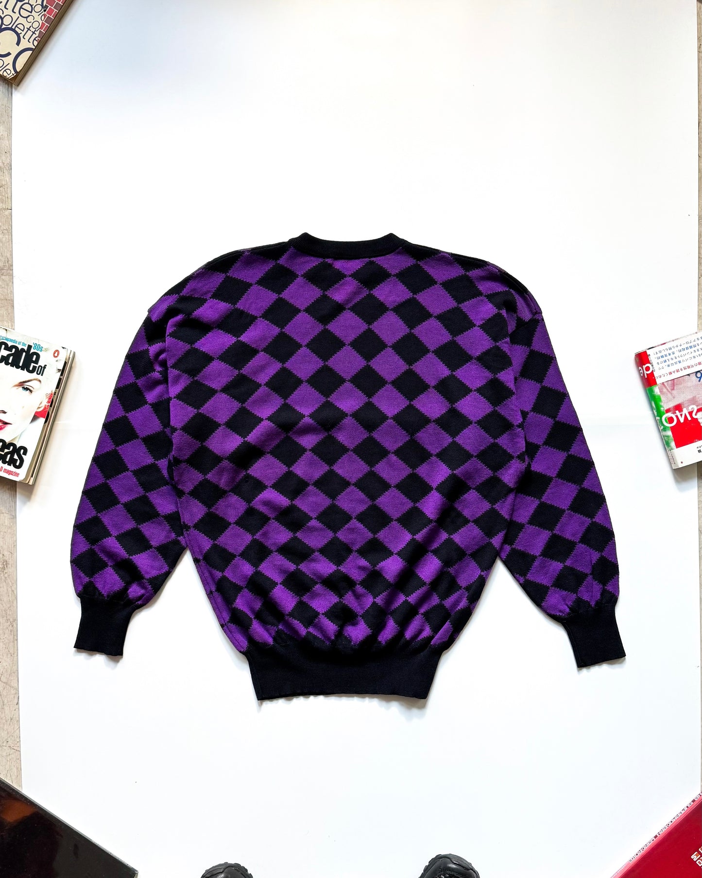 90s Purple Black Argyle Pattern Lightweight Knit Jumper (~M~)