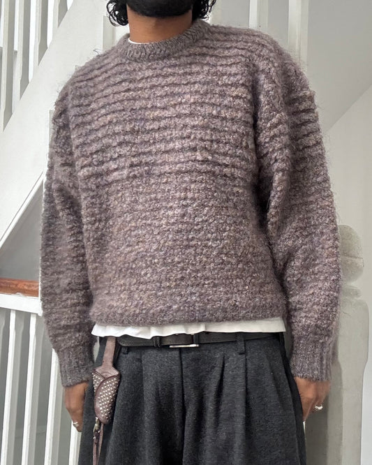 Late 70s / Early 80s Dusty Lavender / Brown Fuzzy Dual Tonal Stripe Knit Sweater / Jumper (~M~)