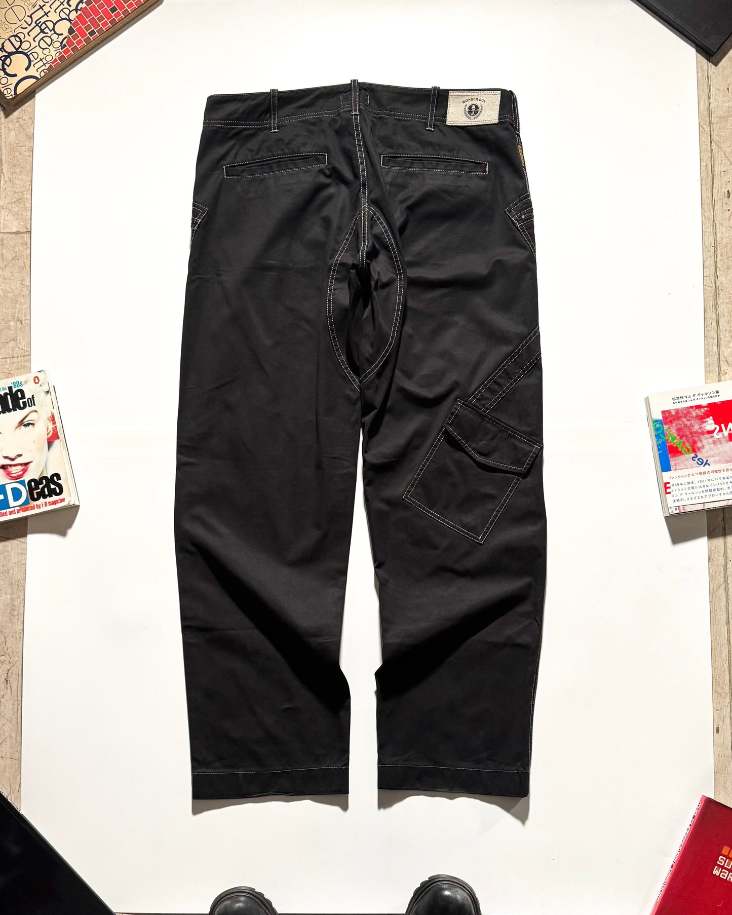 Early 2000s  Black Asymmetrical Wrap Around Pocket Panelled  Cargo Trousers  (36~38)