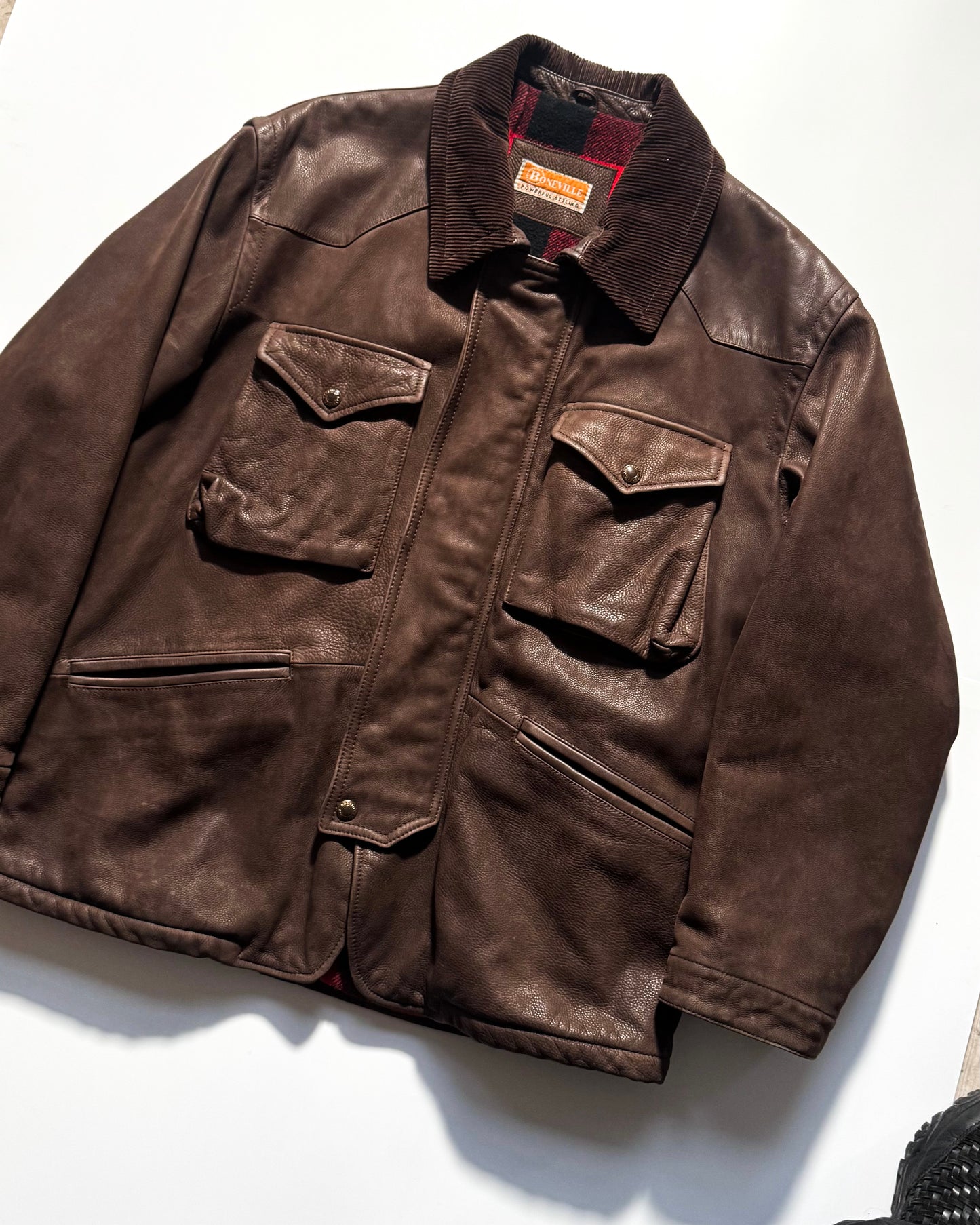 90s Brown Lined Corduroy Collar Field Leather Jacket (L~XL)