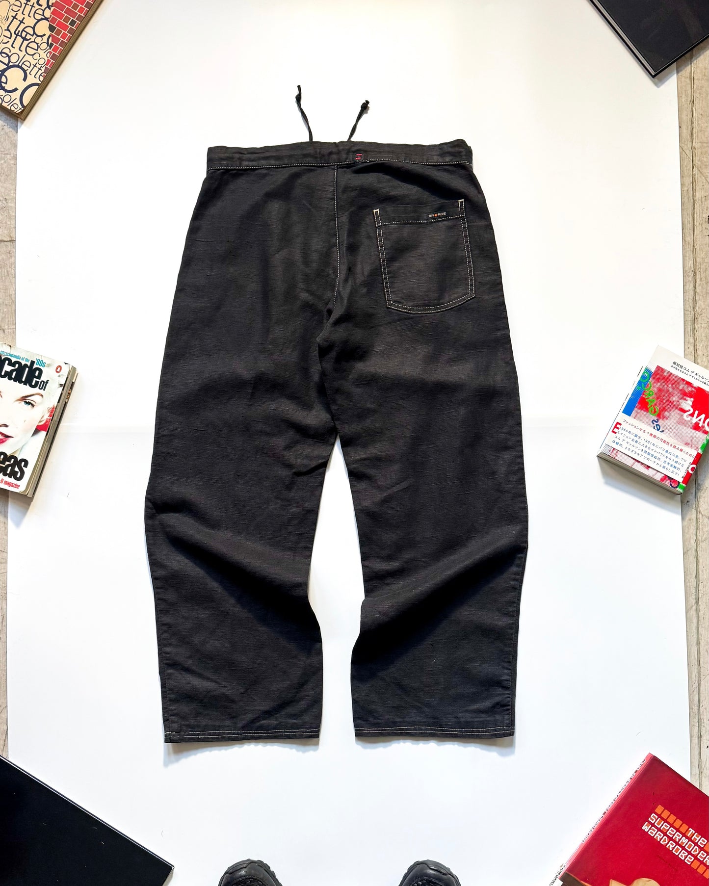 2000s Traced Pocket Contrast Stitch Linen Cotton Poly Washed Black Trousers  (28~30)