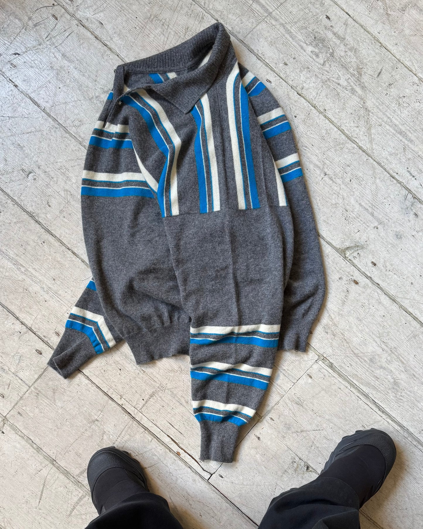 80s Light Weight Button Up Striped Polo Knit Jumper (M~L)