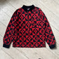 90s Velour Fleur de Lis / Medieval Pattern Velour Button Up Collared / Rugby Jumper (~L~ )