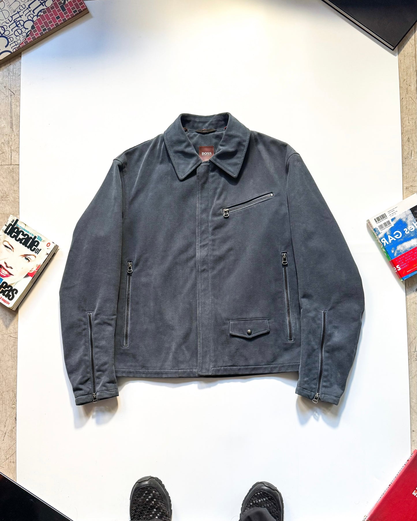 2000s Cold Grey Moleskine  Asymmetrical Detachable Fleece Collar Moto Jacket (~M~)