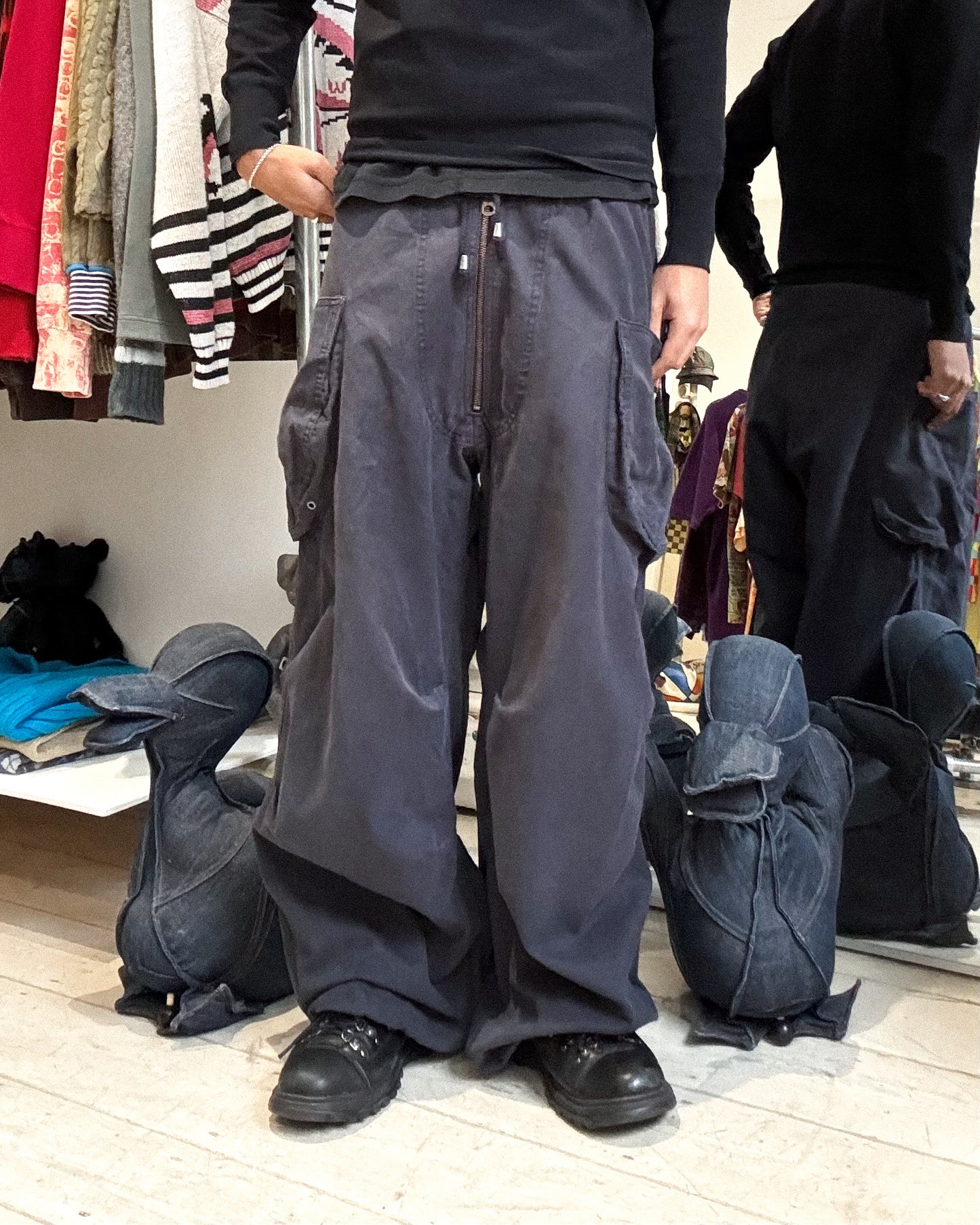 Washed Navy Military Style Wide Cargo Pants (31~34)