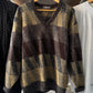 80s Brown Grey Diagonal V-neck Knit Sweater / Jumper (~L~)