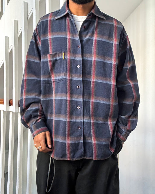 90s Woven Navy Woven Shadow Plaid Style Flannel /  Overshirt Shirt  (~L~)