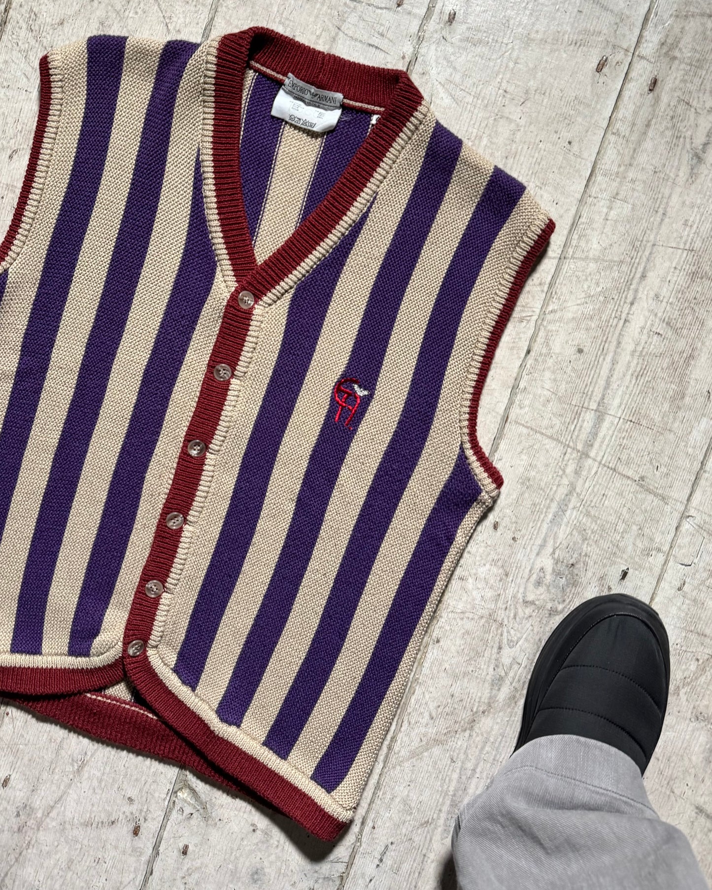 90s Beige Purple Burgundy Vertical Striped Knit Vest (~M~)