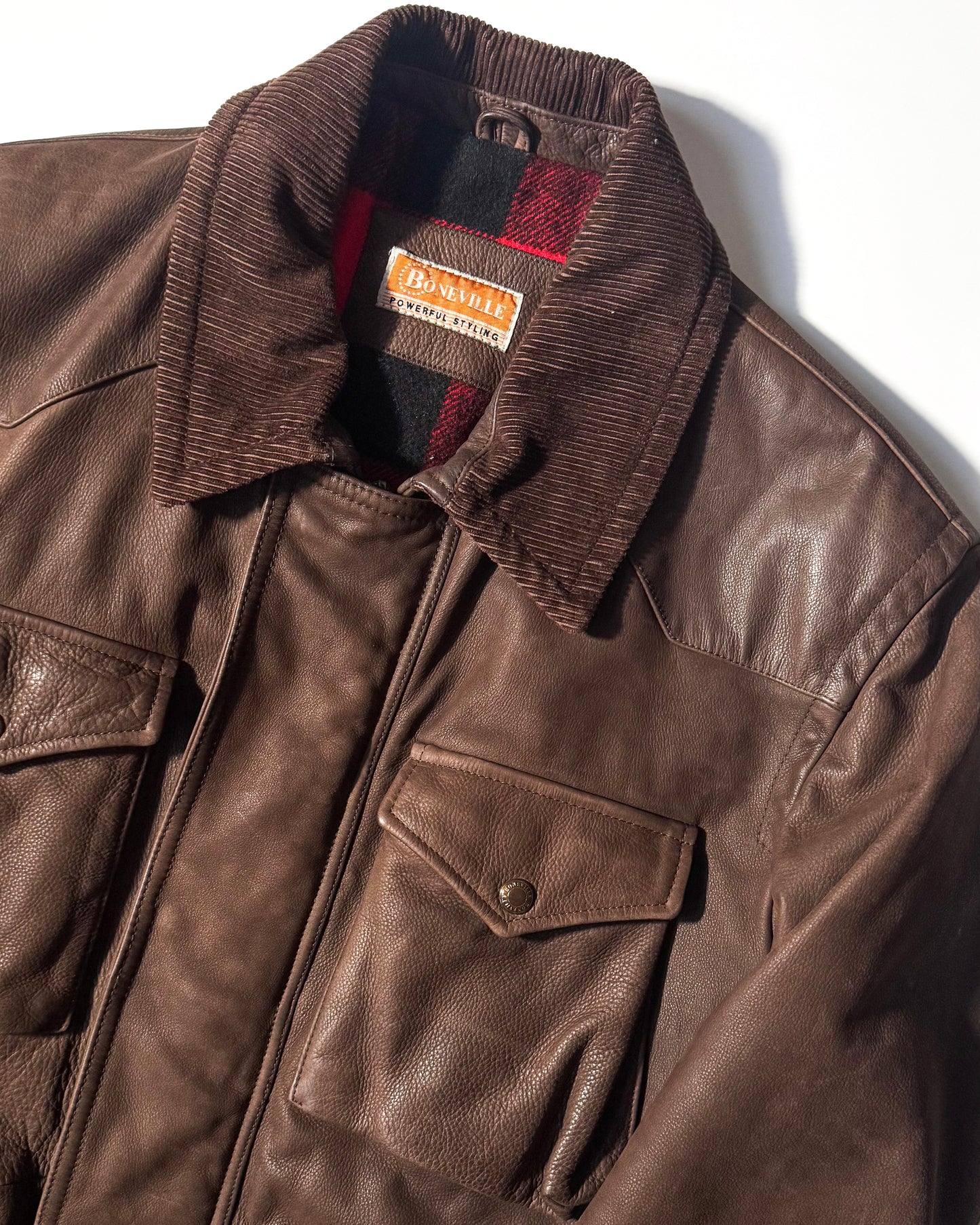 90s Brown Lined Corduroy Collar Field Leather Jacket (L~XL)