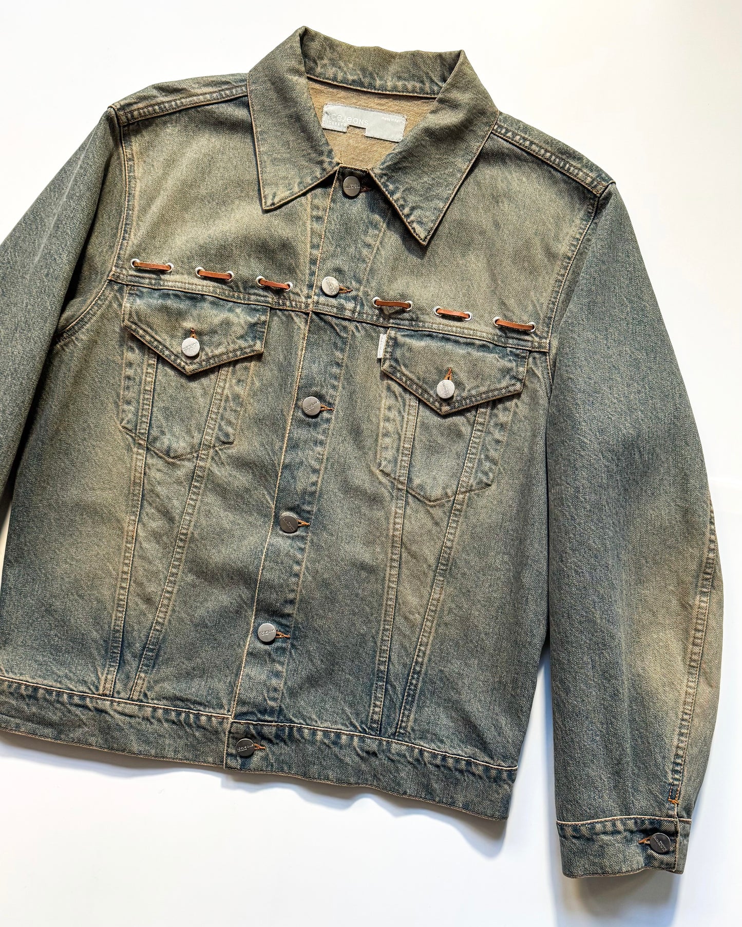 Early 2000s Brown Leather Lace Detail Ages Denim Jacket (~M~)
