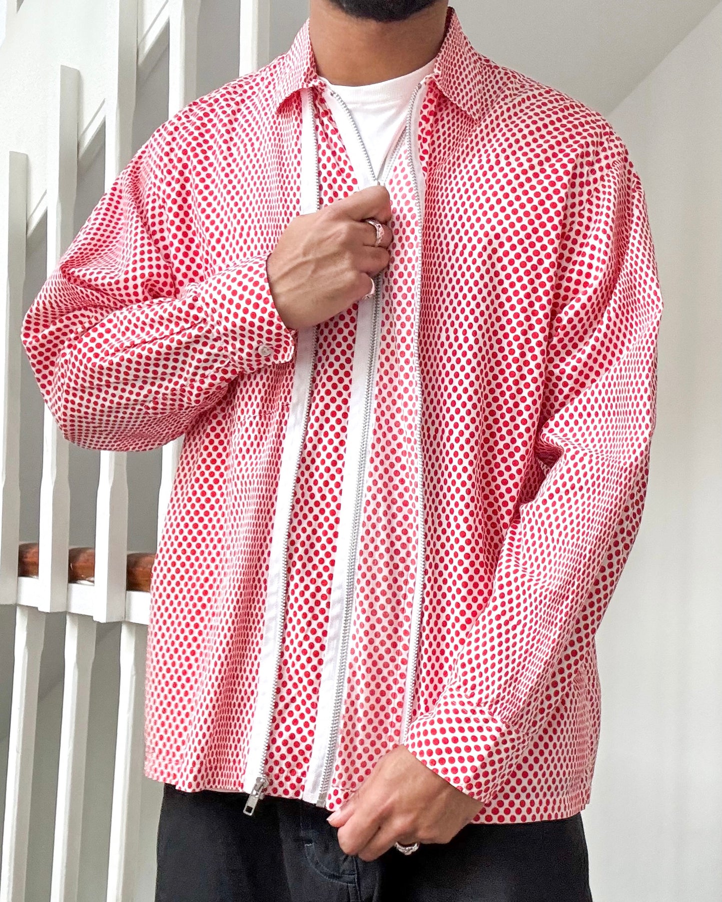 90s Red Polka Dot Double Zip Up Shirt  (M~L)