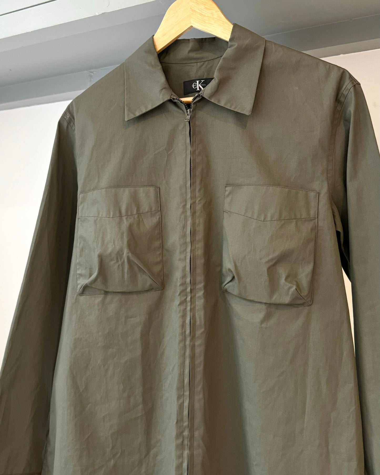 Cotton Polyurethane Coated Sage 3-D Breast Pocket Zip Up Overshirt / Jacket (M)