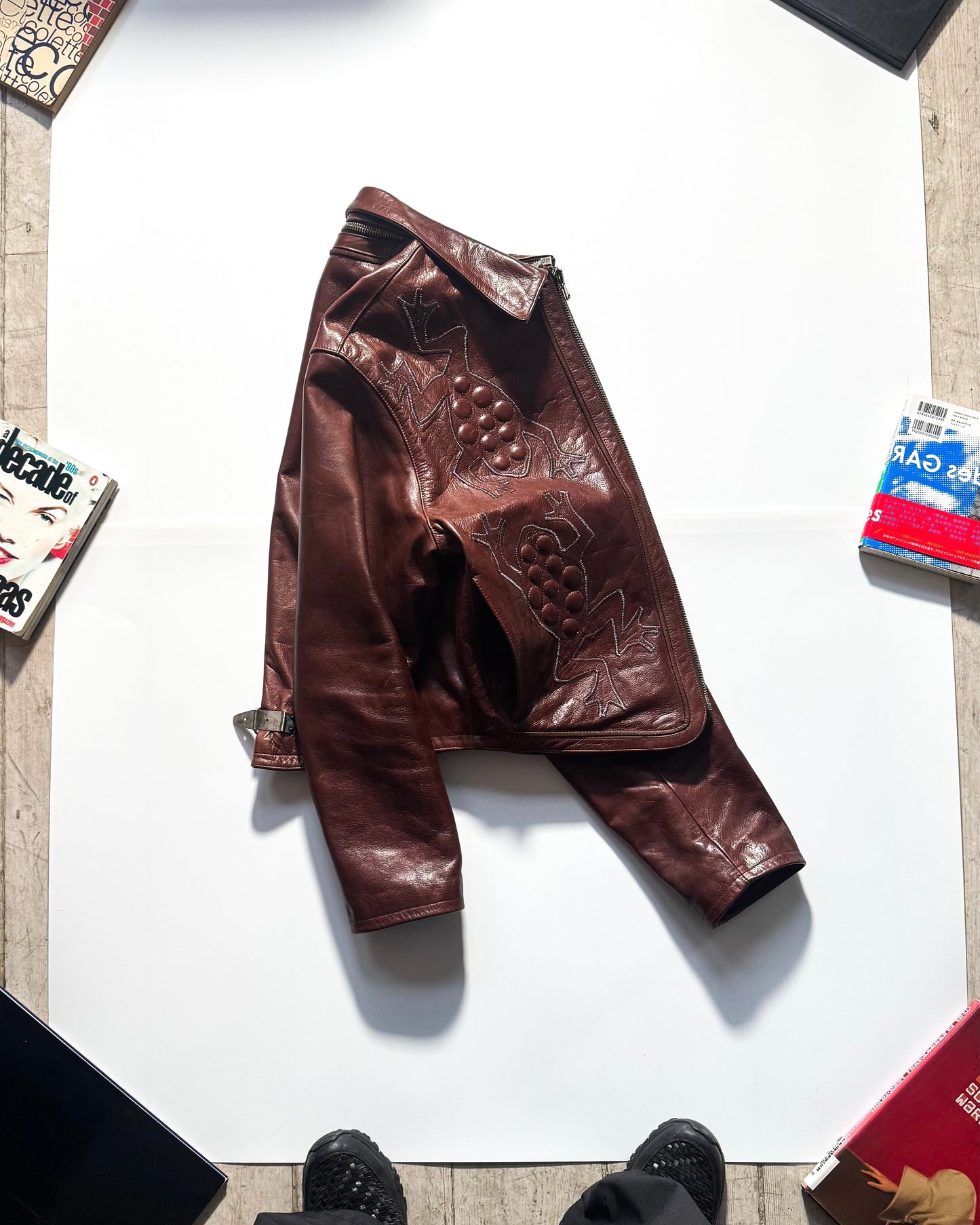 80s Wine Red Crawling Frog Motif Leather Detachable Collar Jacket (~L~)