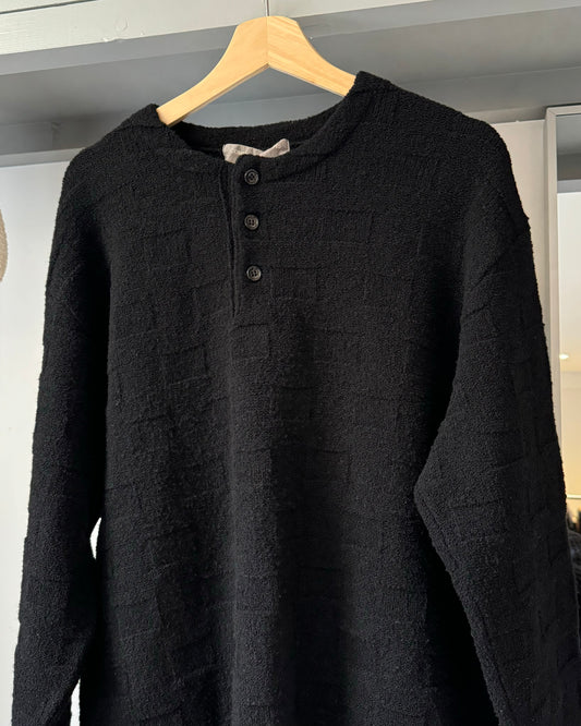 80s 3D Grid Texture Tonal Henley Collar Black Knit Jumper  (L~XL)