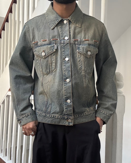 Early 2000s Brown Leather Lace Detail Ages Denim Jacket (~M~)