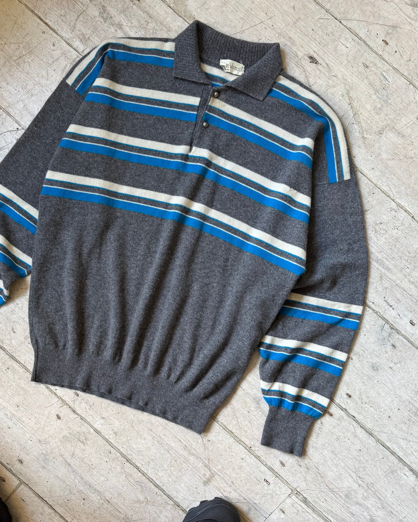 80s Light Weight Button Up Striped Polo Knit Jumper (M~L)