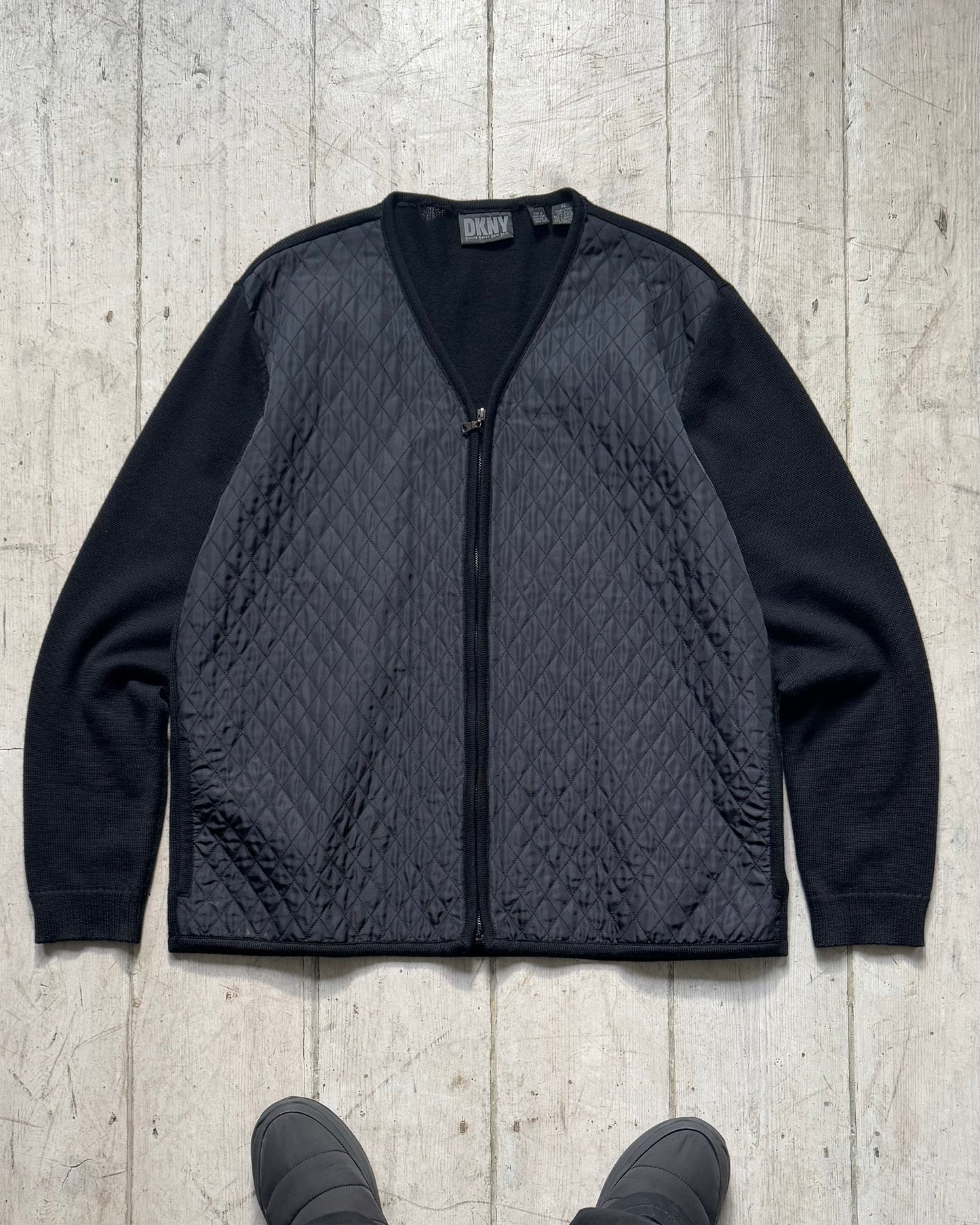 Early 2000s Black Quilted Front Knit Zip Up Cardigan (L~XL)