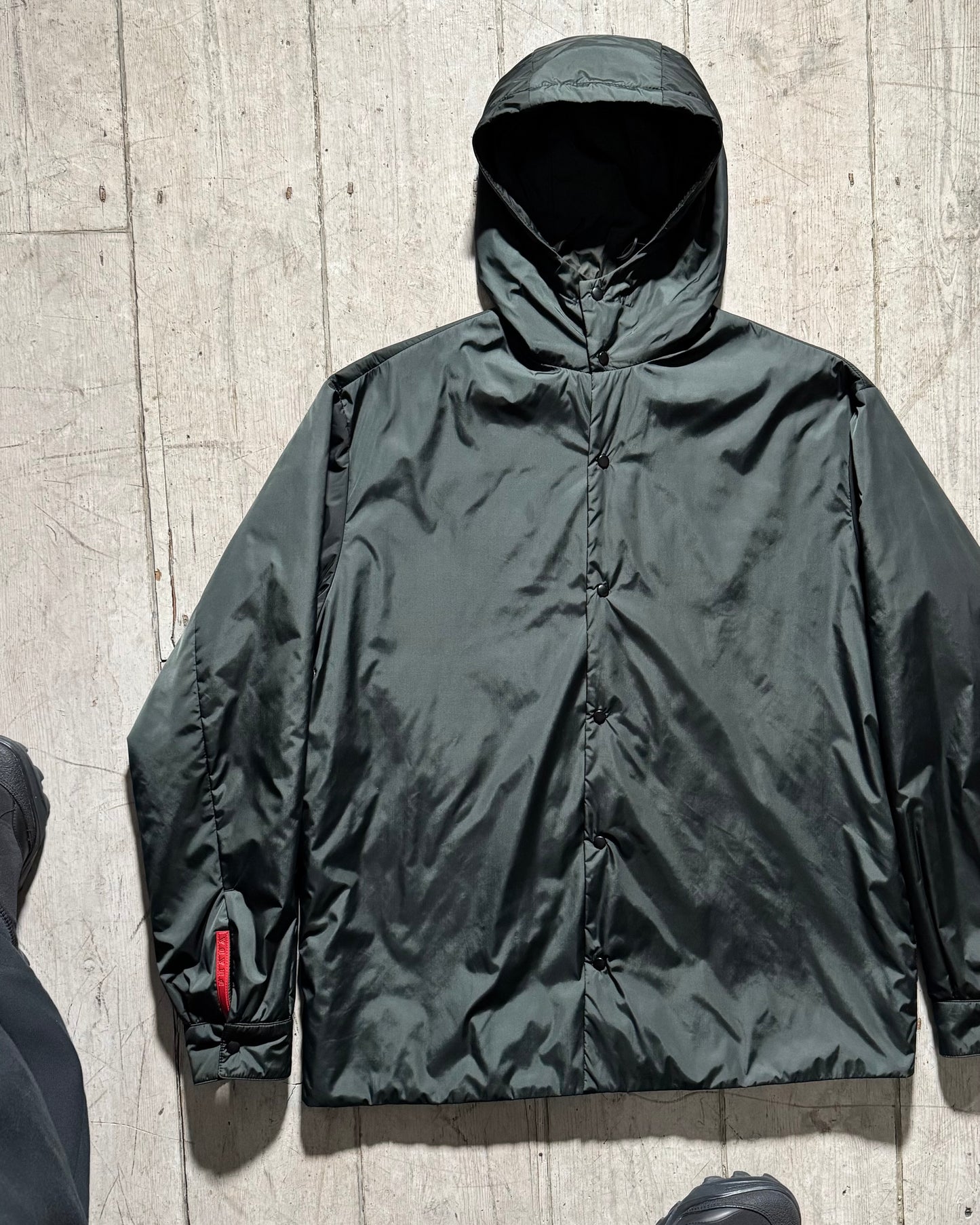 FW1999 Grey/ Green Hooded Snap Down Lightly Padded Minimal Jacket (~M~)