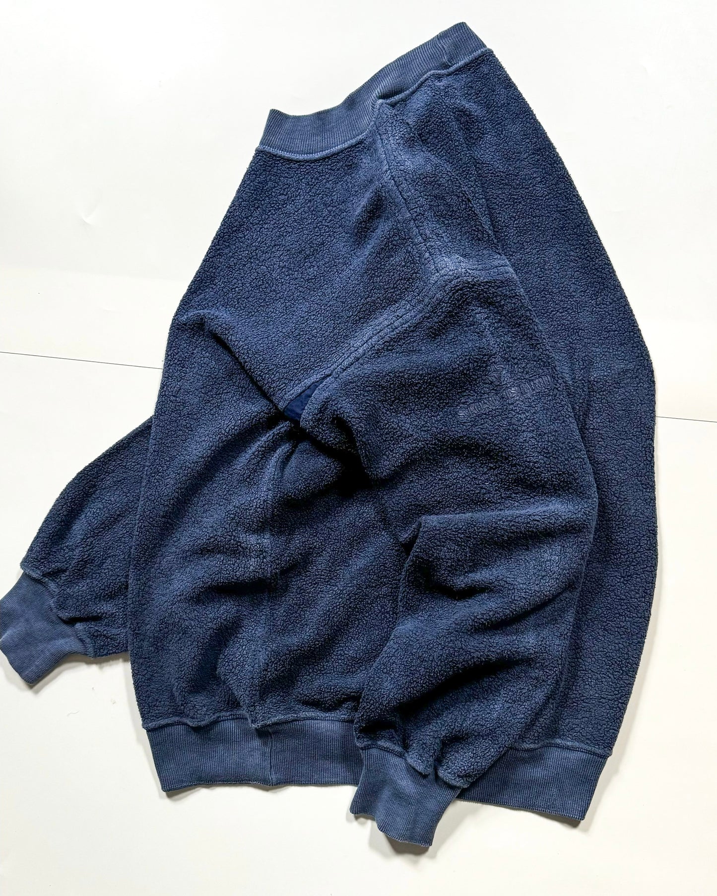 Late 80s Cotton Terry Fleece Gusseted Tonal Embroidered Sleeve Logo Navy Jumper (L)