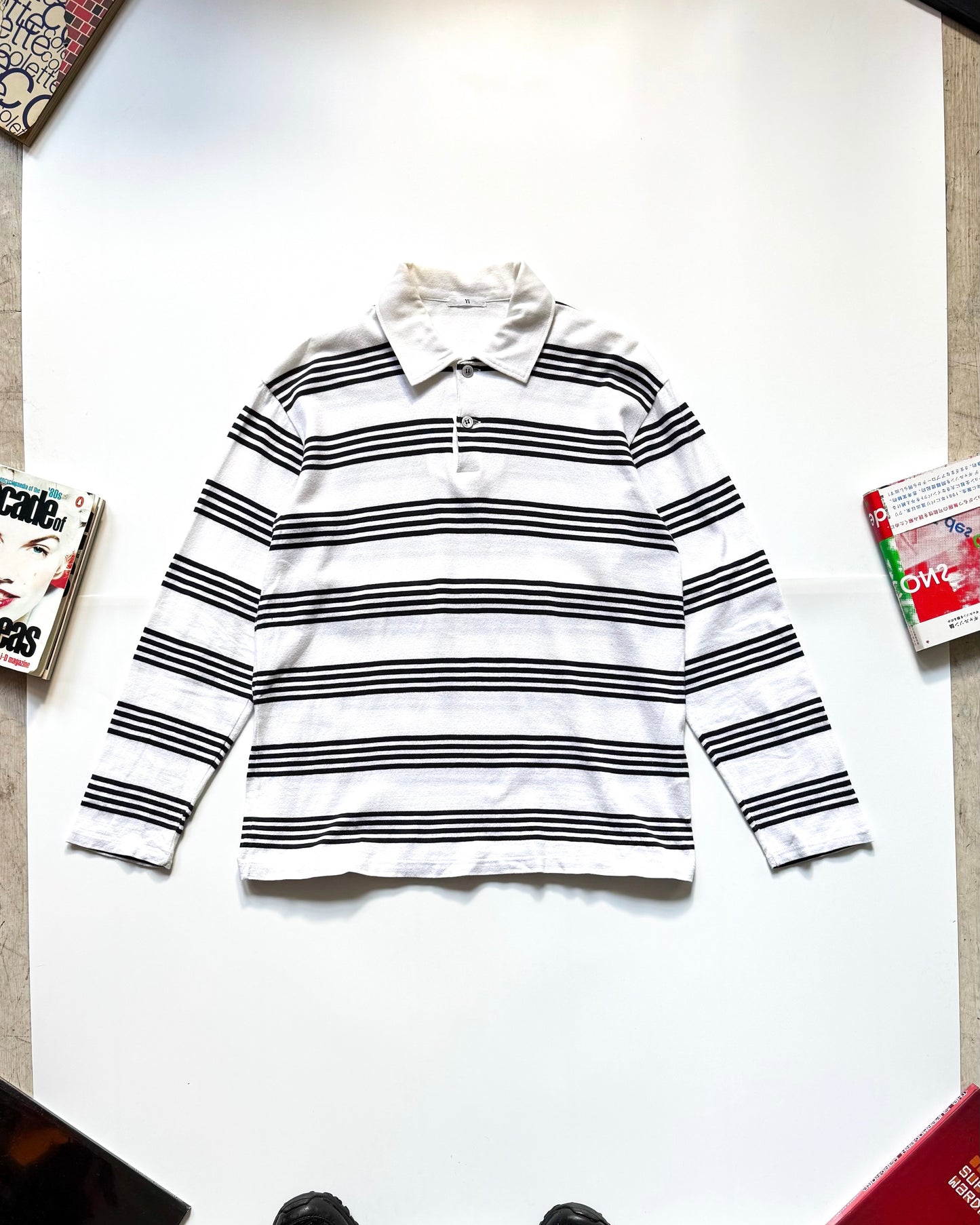 Black White Striped Longsleeve Polo Top (~S~)