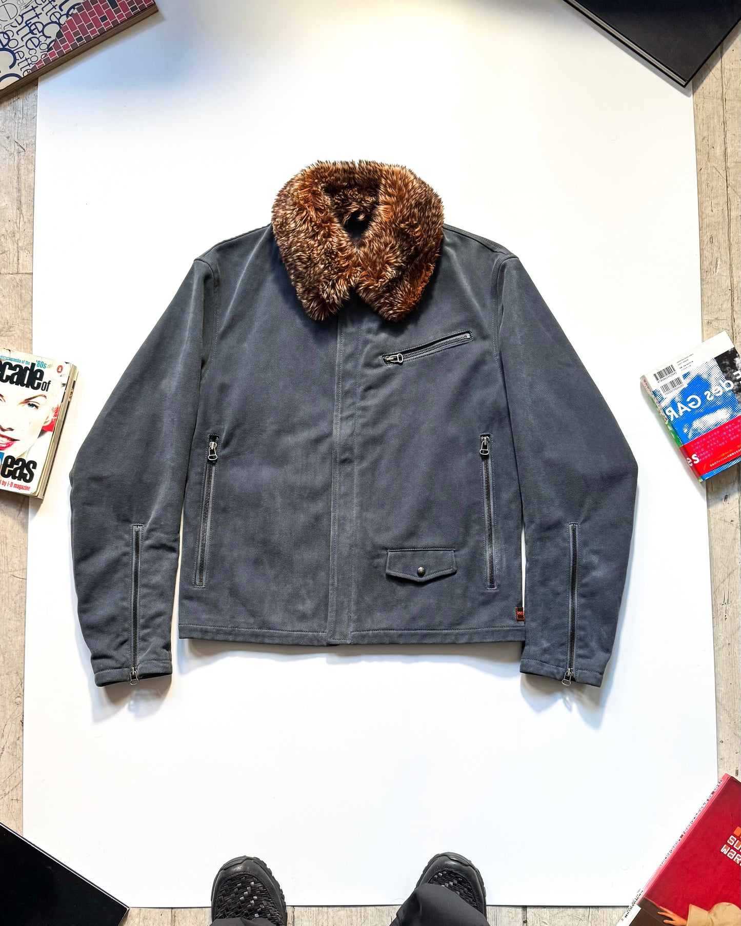 2000s Cold Grey Moleskine  Asymmetrical Detachable Fleece Collar Moto Jacket (~M~)