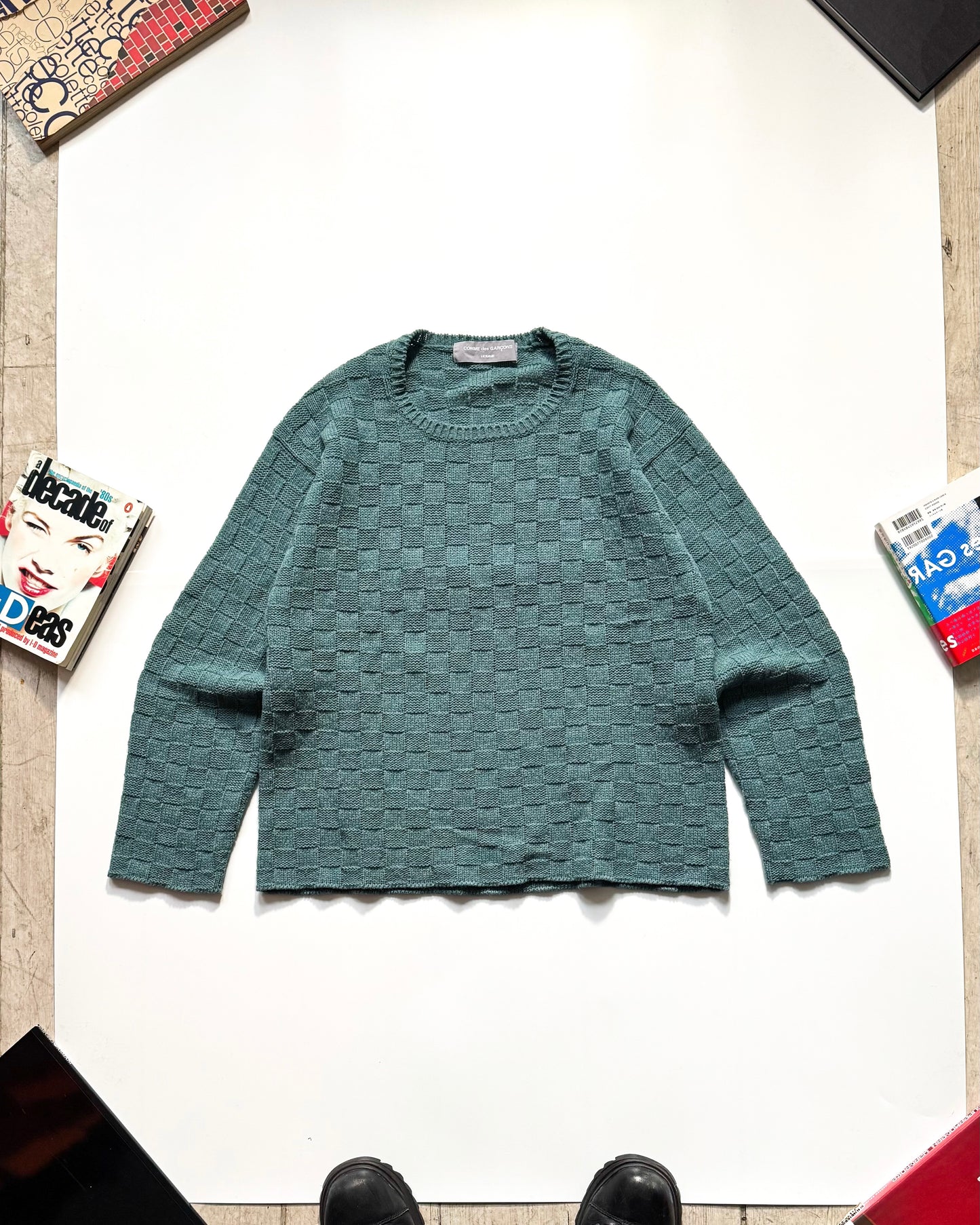 2001 Tonal Grid Pattern Washed Teal Knit Jumper (~M~)