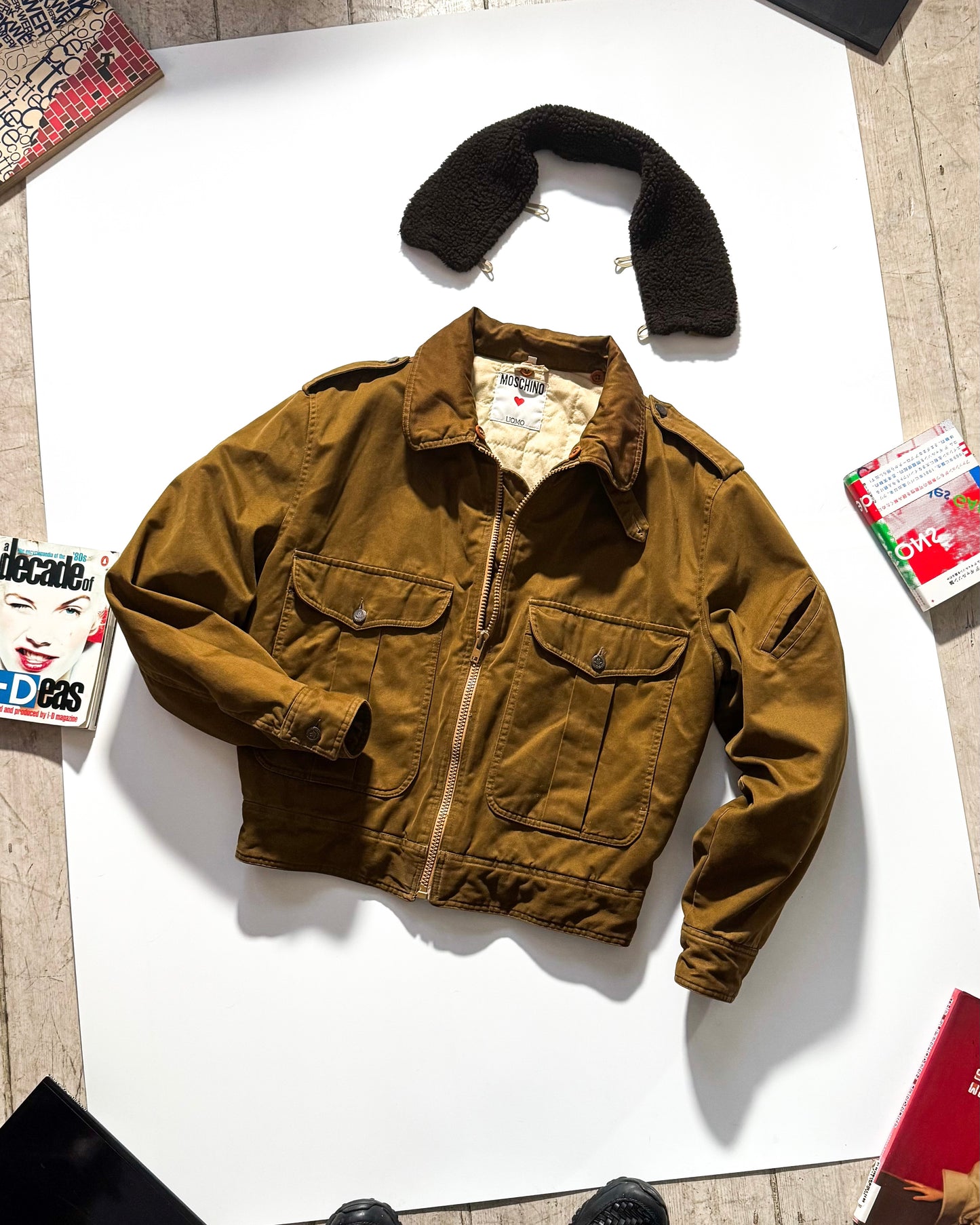 80s Detachable Fleece Collar Brown Military Style Jacket  (~M~)