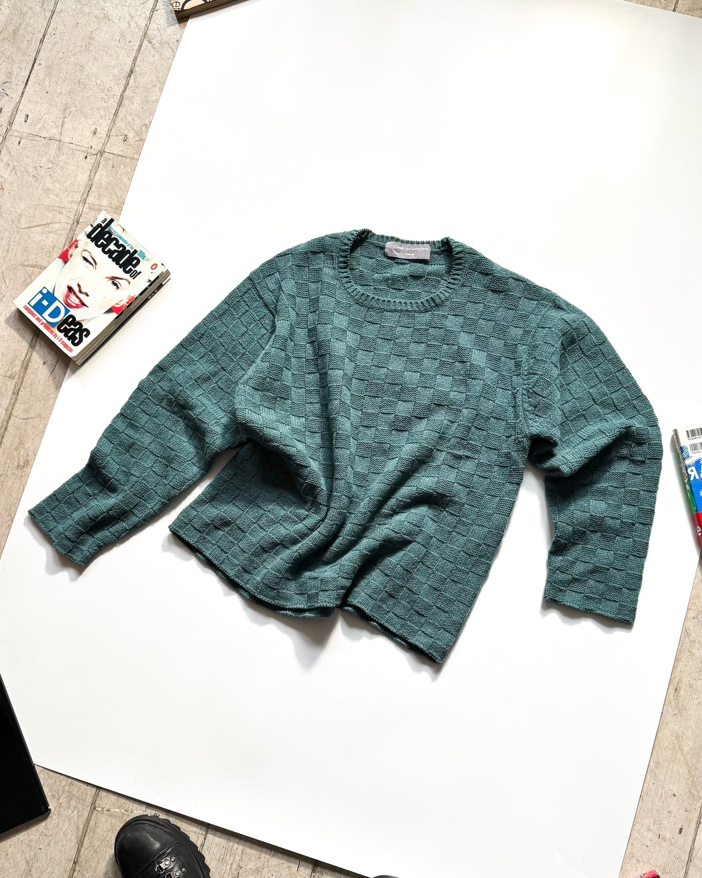 2001 Tonal Grid Pattern Washed Teal Knit Jumper (~M~)