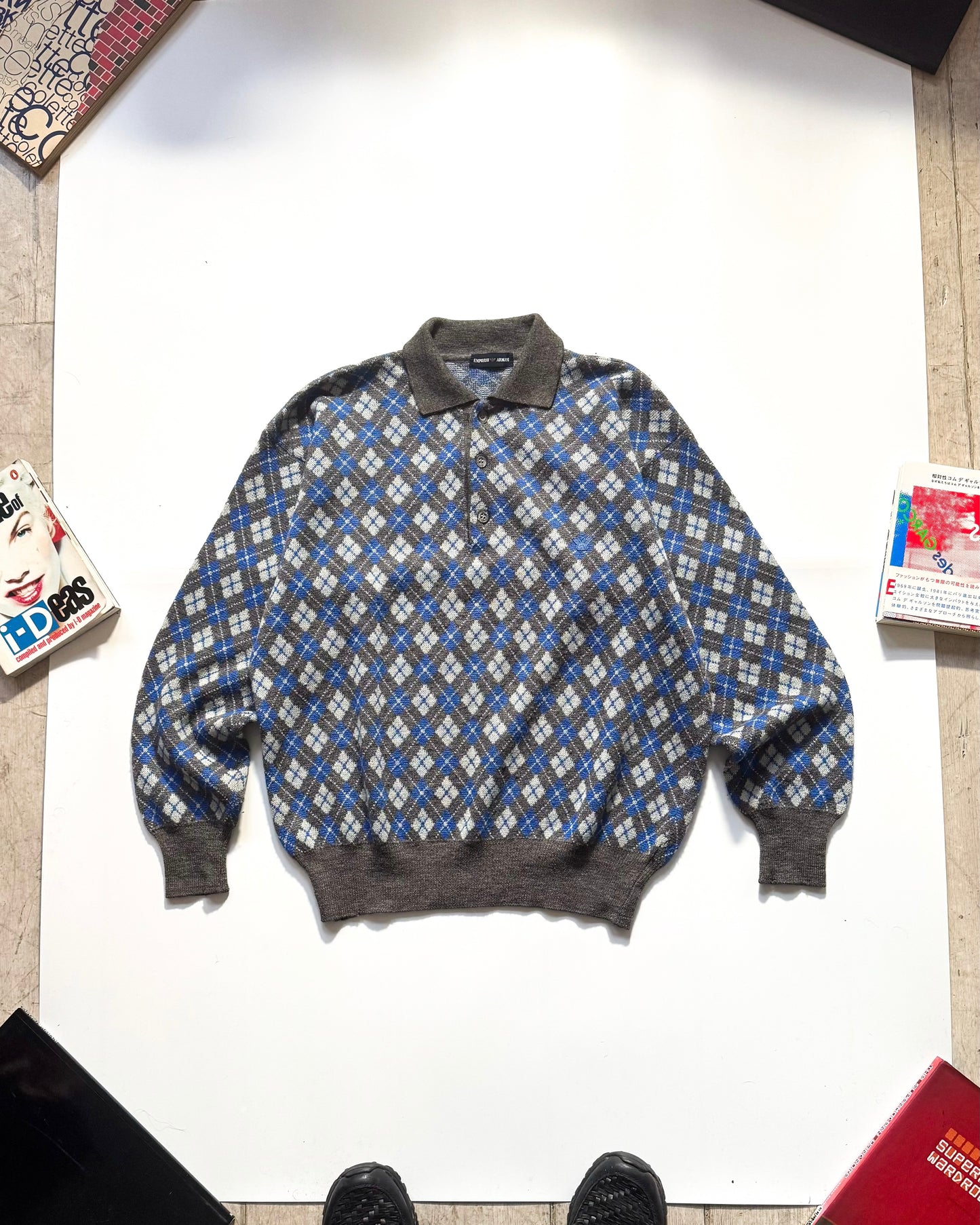 90s Blue / Grey Argyle Pattern Quarter Button Collared Knit Jumper (M~L)