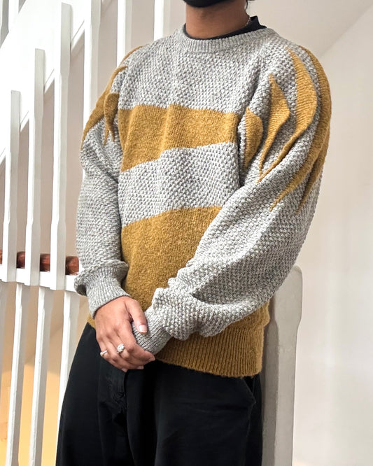 80s Mustard / Grey 3-D Shoulder Blade Panel Zig Zag Knit (M~L)