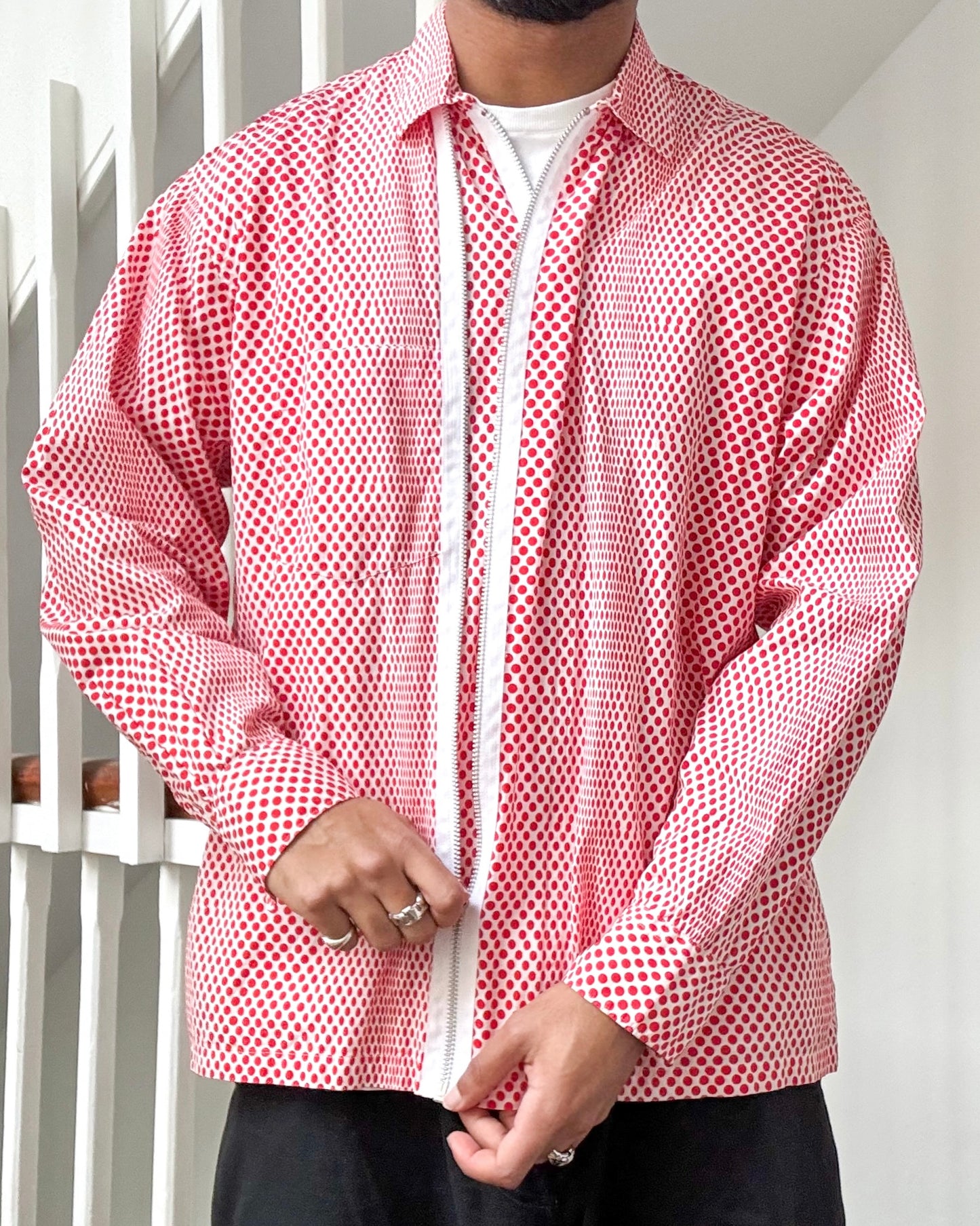 90s Red Polka Dot Double Zip Up Shirt  (M~L)