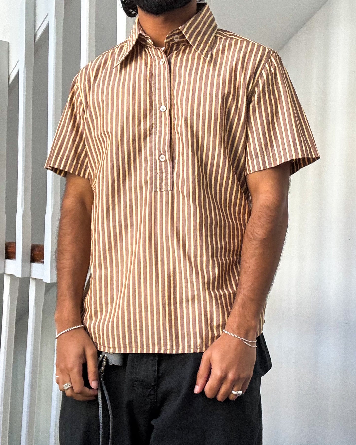 2000s  Vertical Striped Brown / Yellow Quarter Button Up Shirt (~M~)