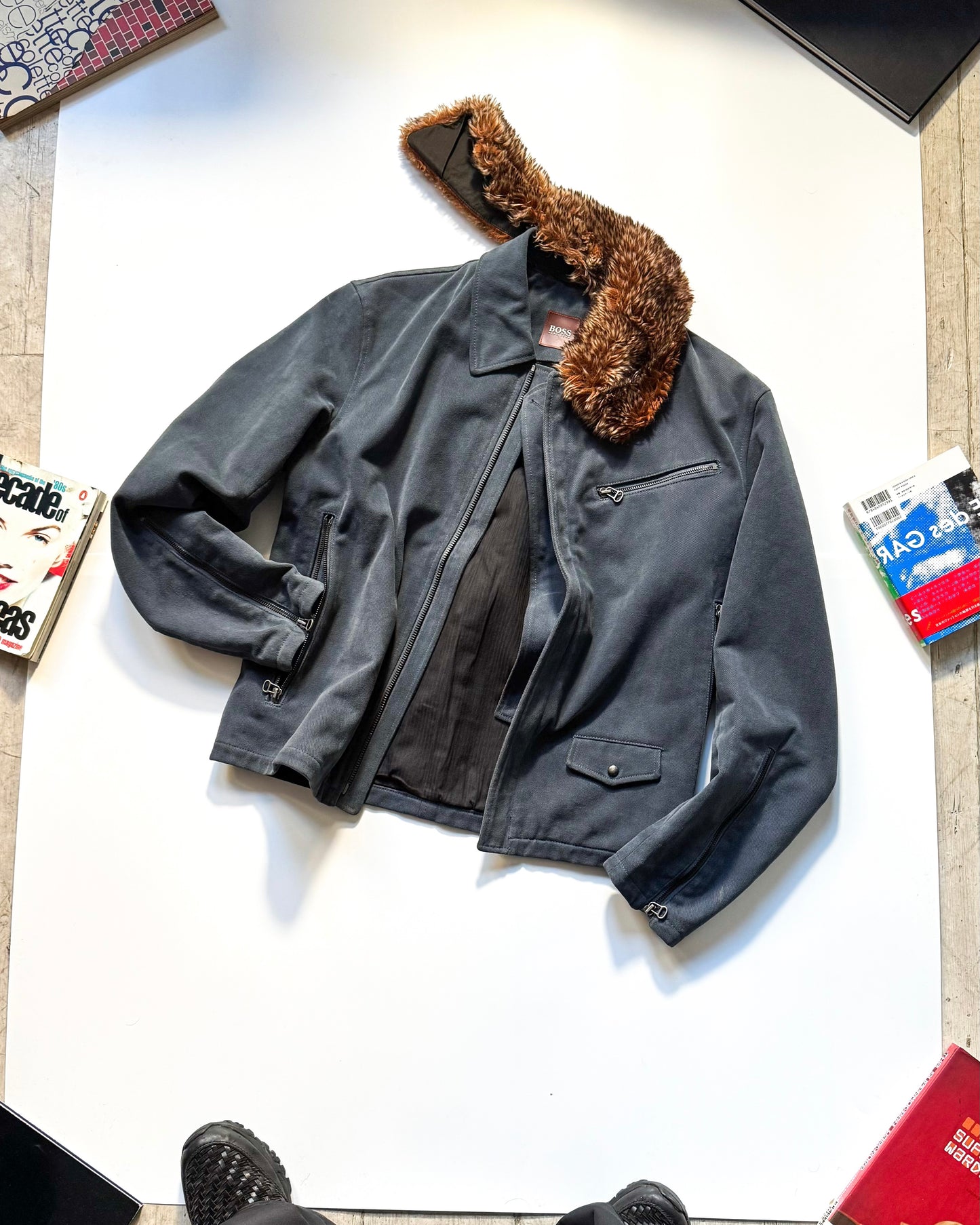 2000s Cold Grey Moleskine  Asymmetrical Detachable Fleece Collar Moto Jacket (~M~)