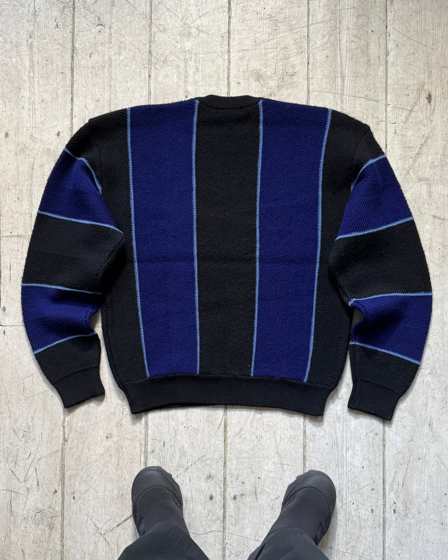 80s Blue Black Vertical Oversized Striped Knit Sweater / Jumper (~L~)