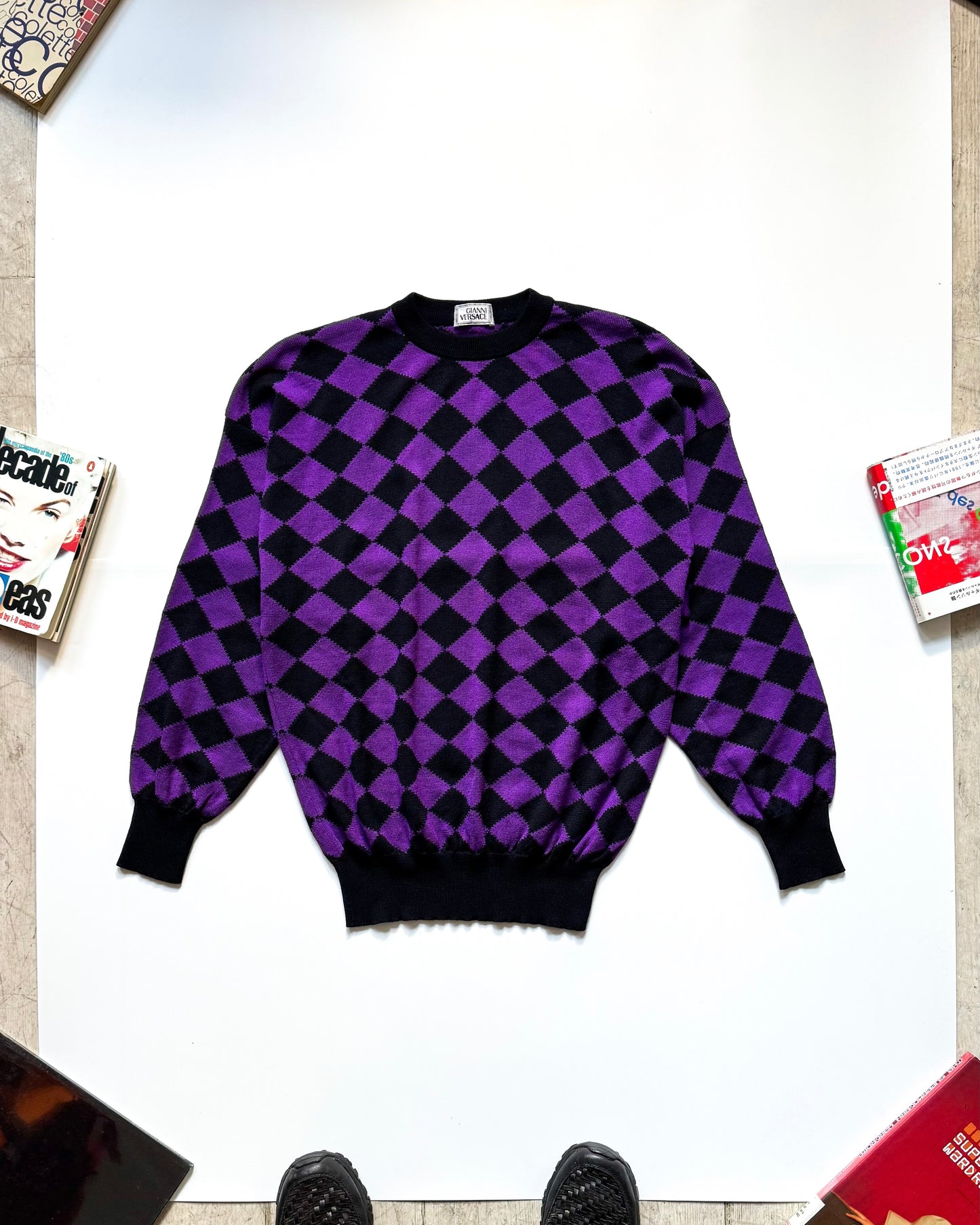 90s Purple Black Argyle Pattern Lightweight Knit Jumper (~M~)