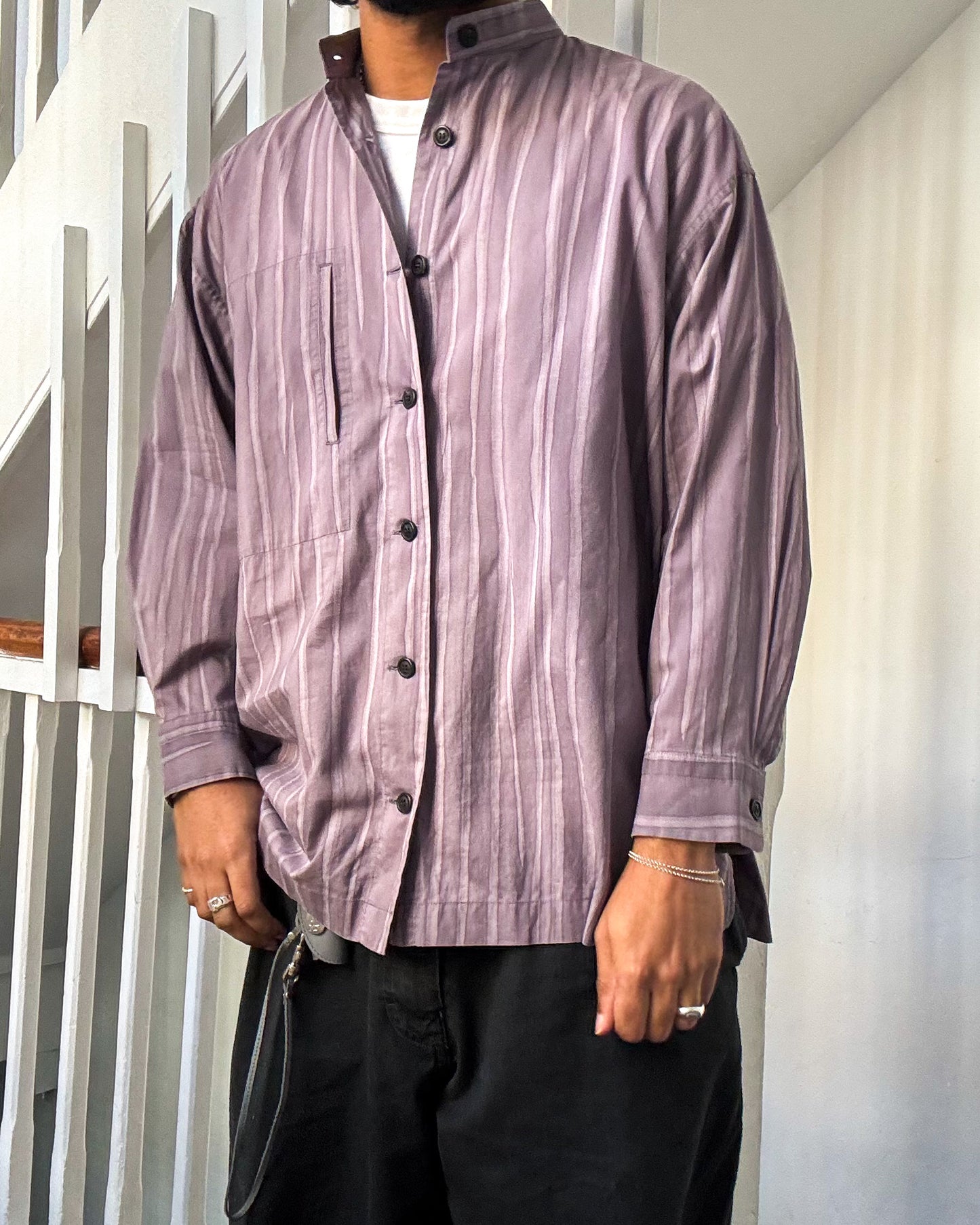 SS1995 Muted Lavender Stroke Style Abstract Stripe Henley Shirt  (S~M)