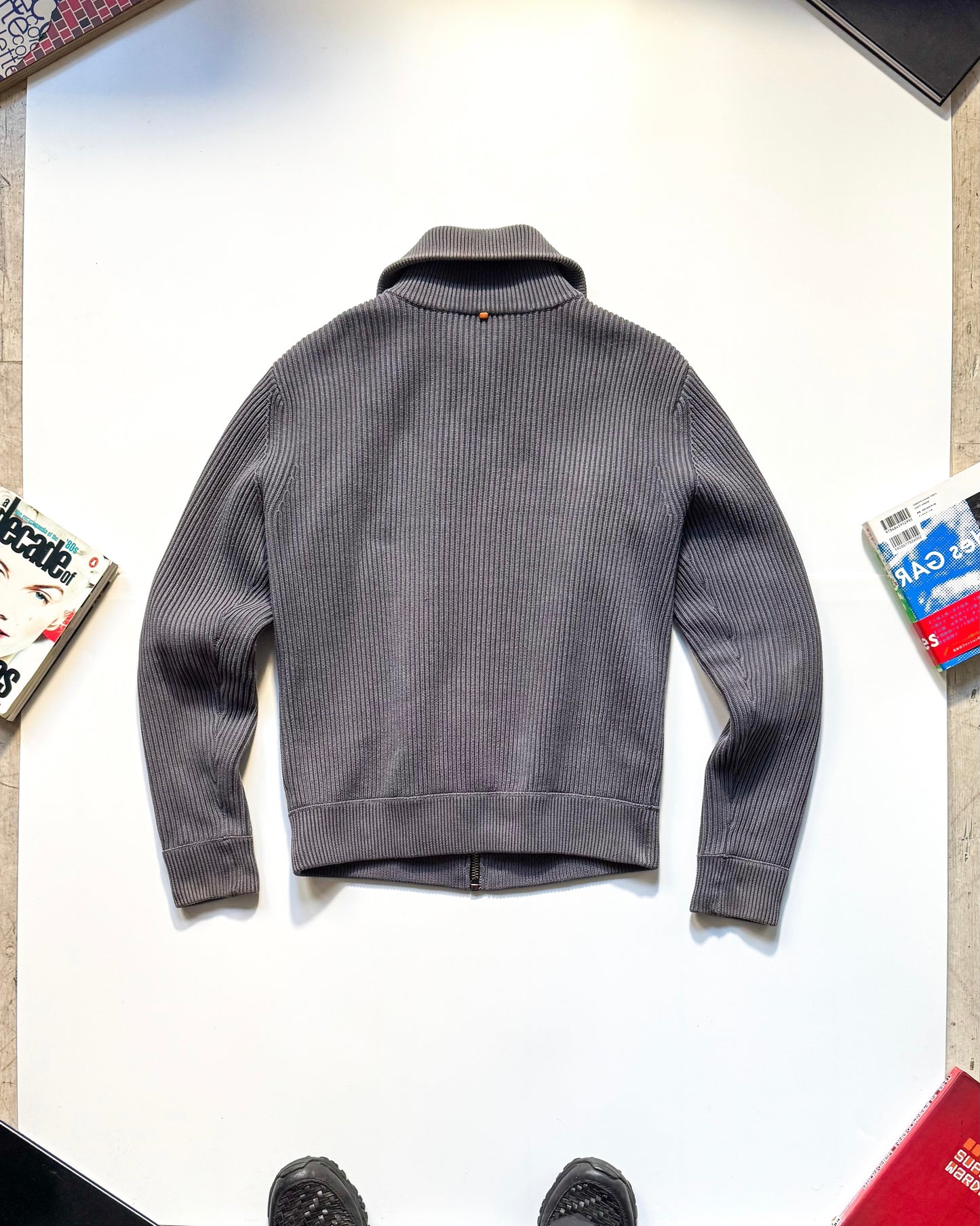 2000s Grey Thick Ribbed Knit Zip Up Jumper (~ S~)